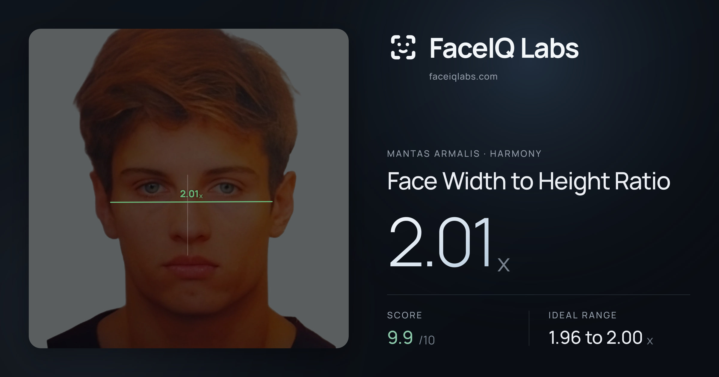 Mantas Armalis Face Width to Height Ratio: 2.01x, drawn on the photo