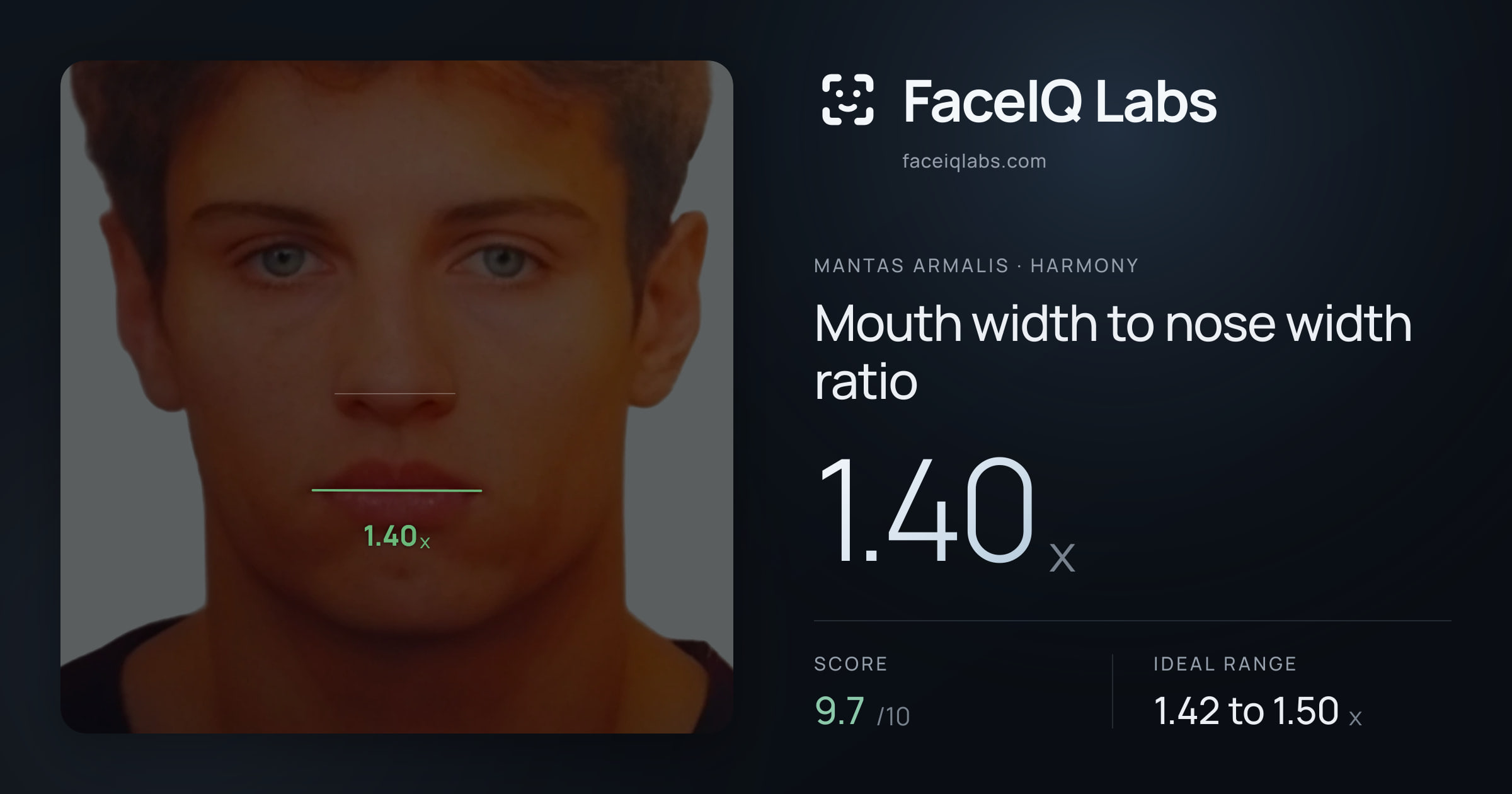 Mantas Armalis Mouth width to nose width ratio: 1.40x, drawn on the photo