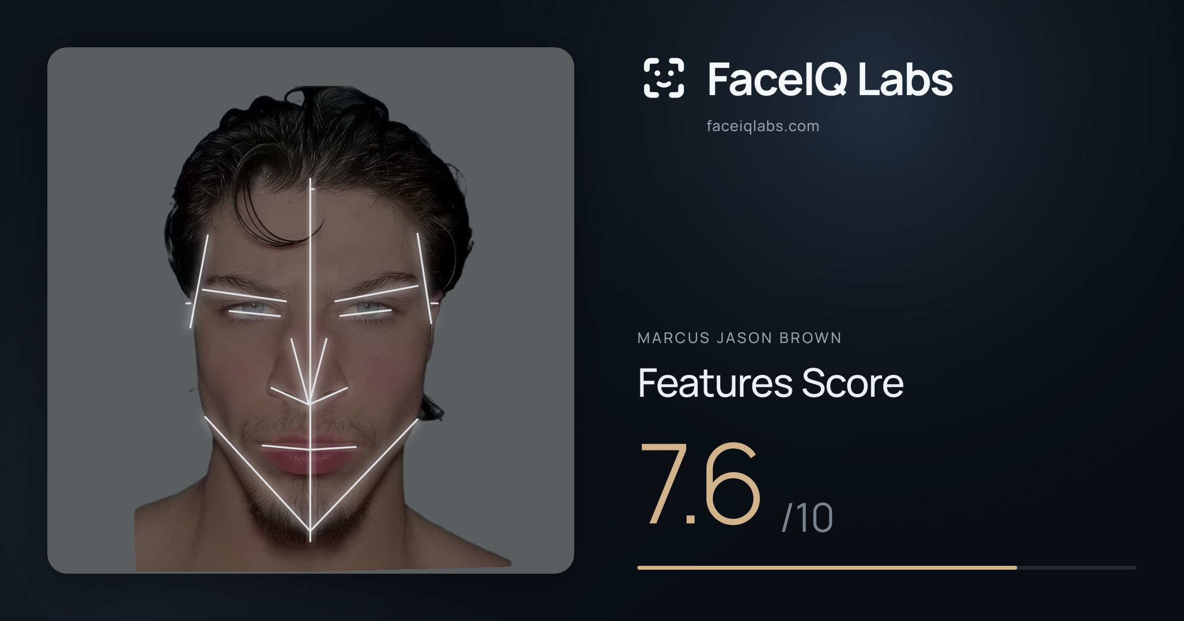 Marcus Jason Brown Features: 7.6/10, with each assessment drawn on the photo