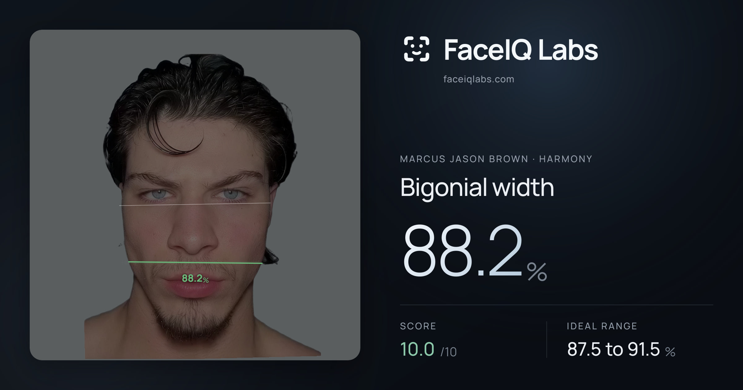 Marcus Jason Brown Bigonial width: 88.2%, drawn on the photo
