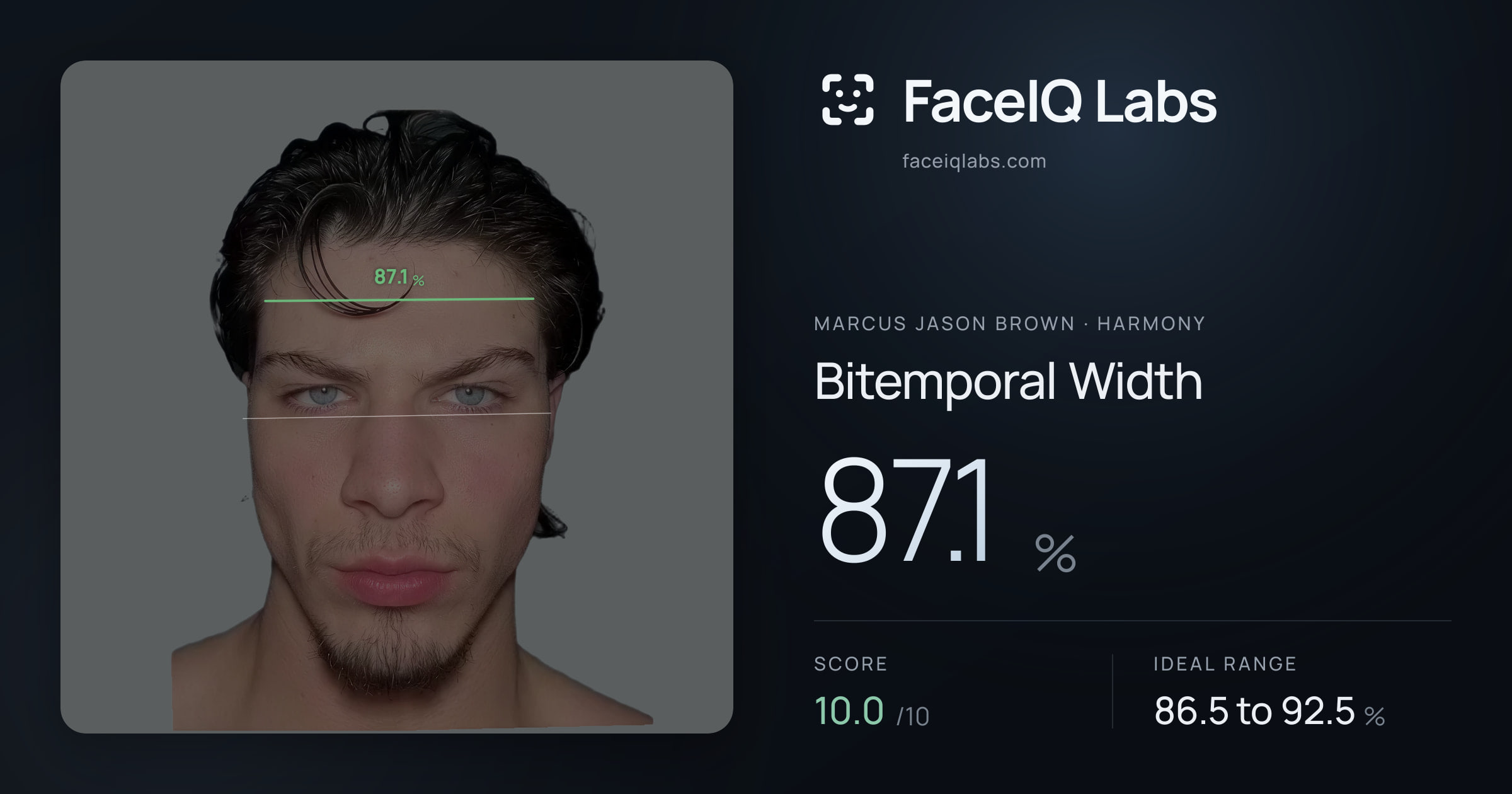 Marcus Jason Brown Bitemporal Width: 87.1%, drawn on the photo