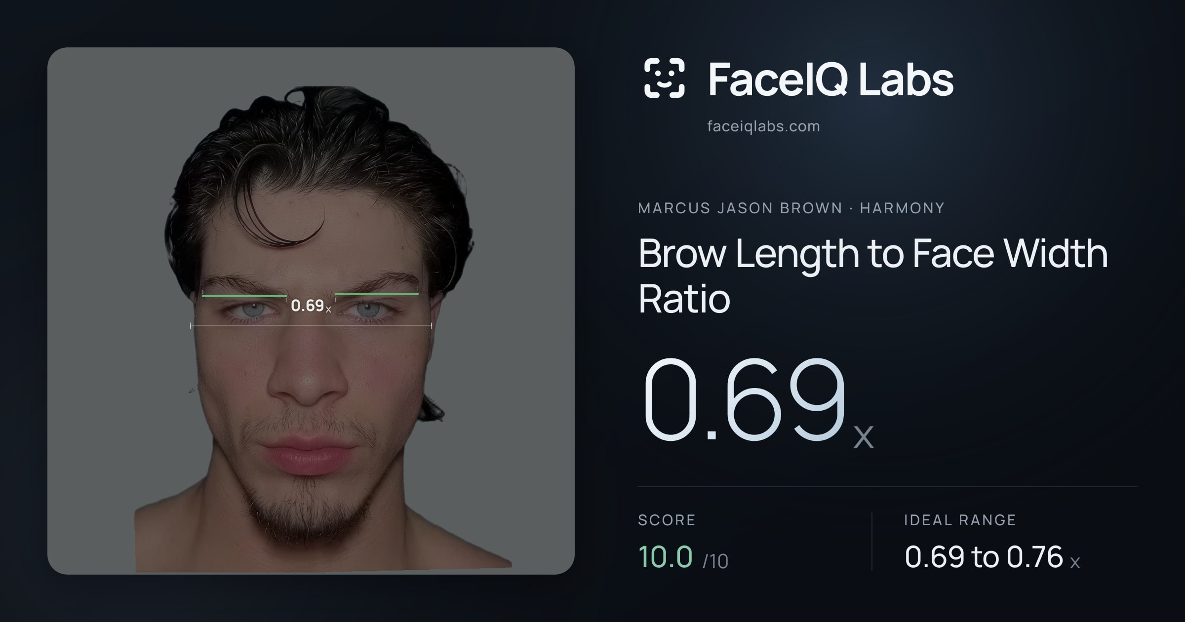 Marcus Jason Brown Brow Length to Face Width Ratio: 0.69x, drawn on the photo