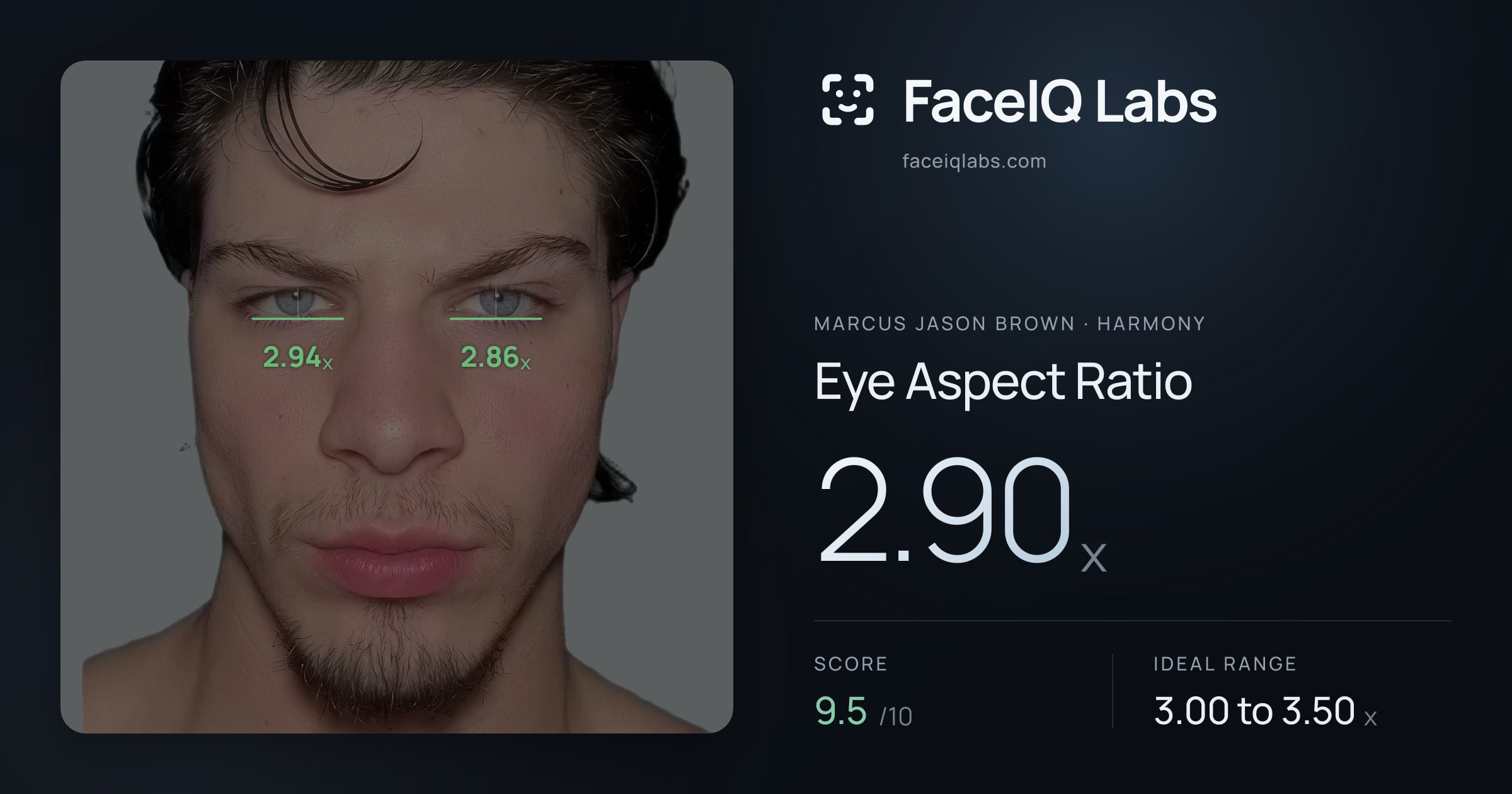 Marcus Jason Brown Eye Aspect Ratio: 2.90x, drawn on the photo