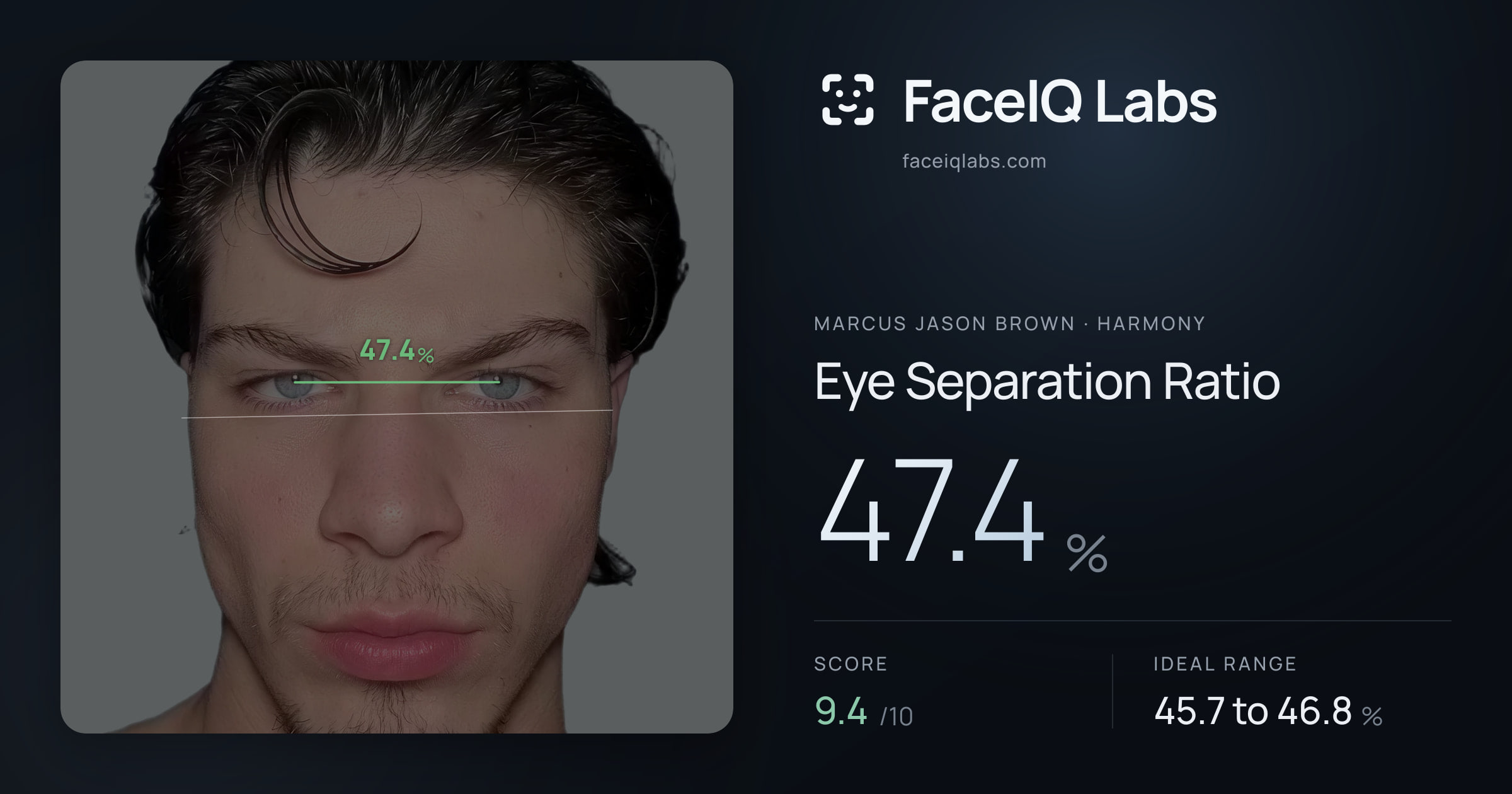 Marcus Jason Brown Eye Separation Ratio: 47.4%, drawn on the photo