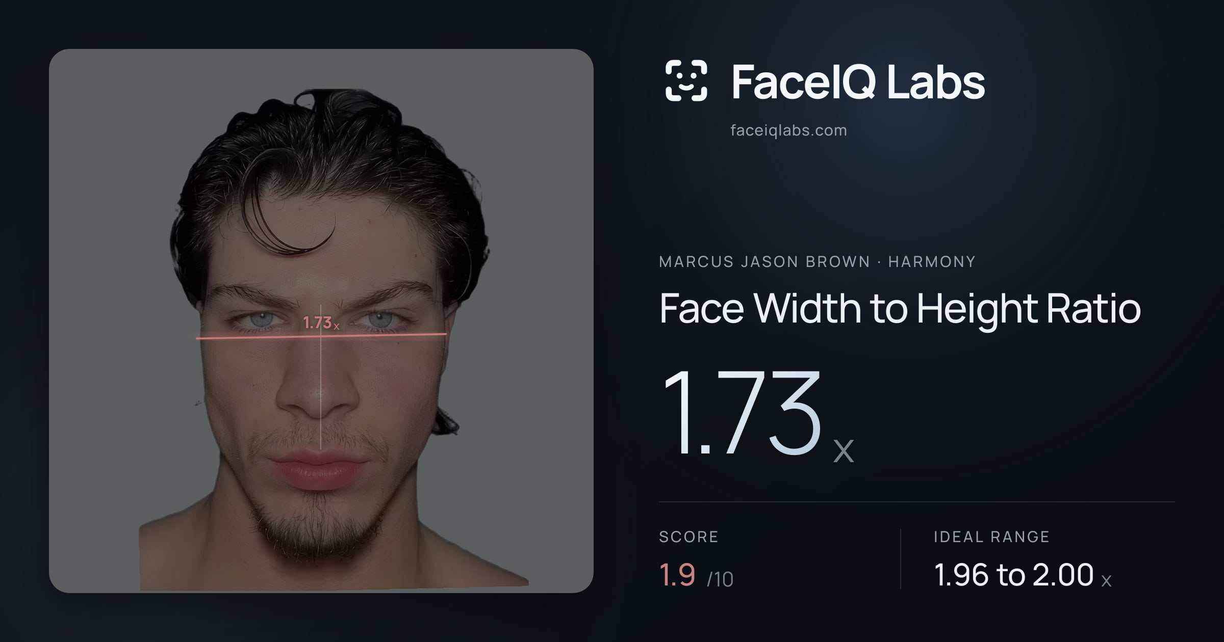 Marcus Jason Brown Face Width to Height Ratio: 1.73x, drawn on the photo