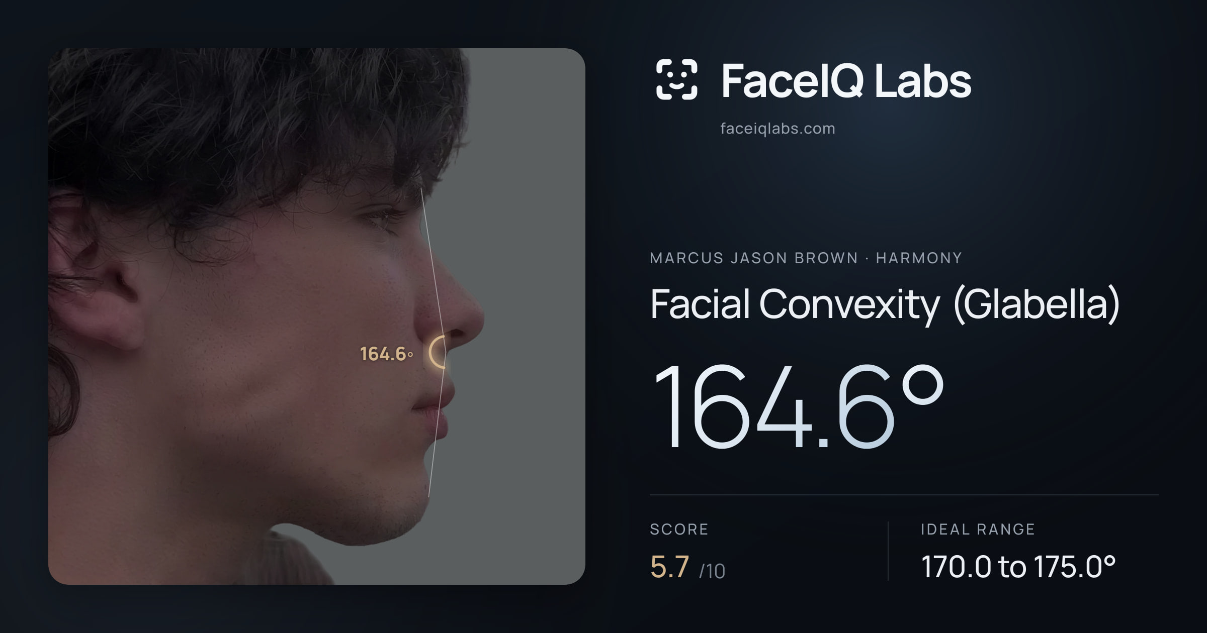 Marcus Jason Brown Facial Convexity (Glabella): 164.6°, drawn on the photo
