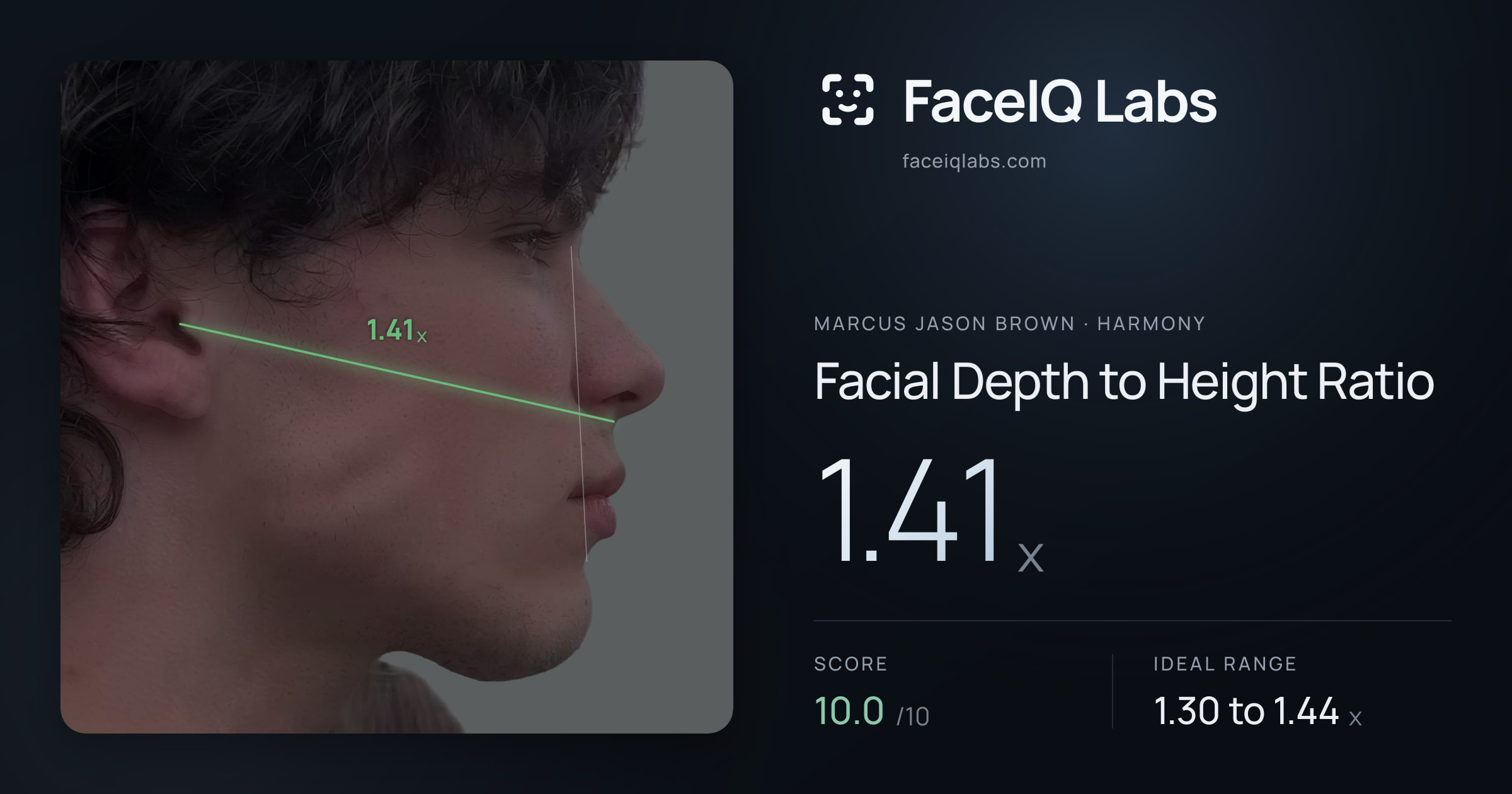 Marcus Jason Brown Facial Depth to Height Ratio: 1.41x, drawn on the photo