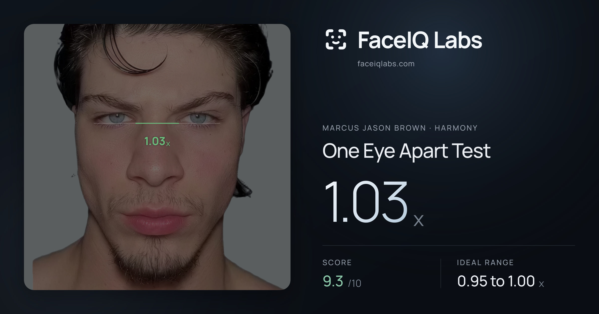 Marcus Jason Brown One Eye Apart Test: 1.03x, drawn on the photo