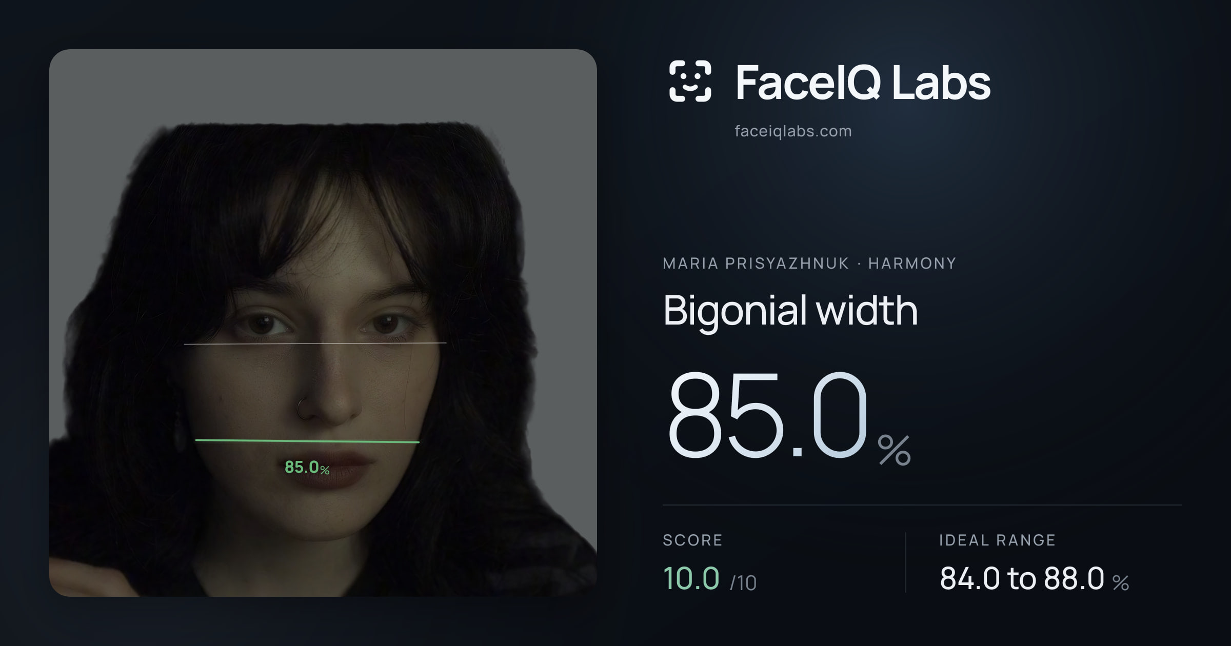 Maria Prisyazhnuk Bigonial width: 85.0%, drawn on the photo