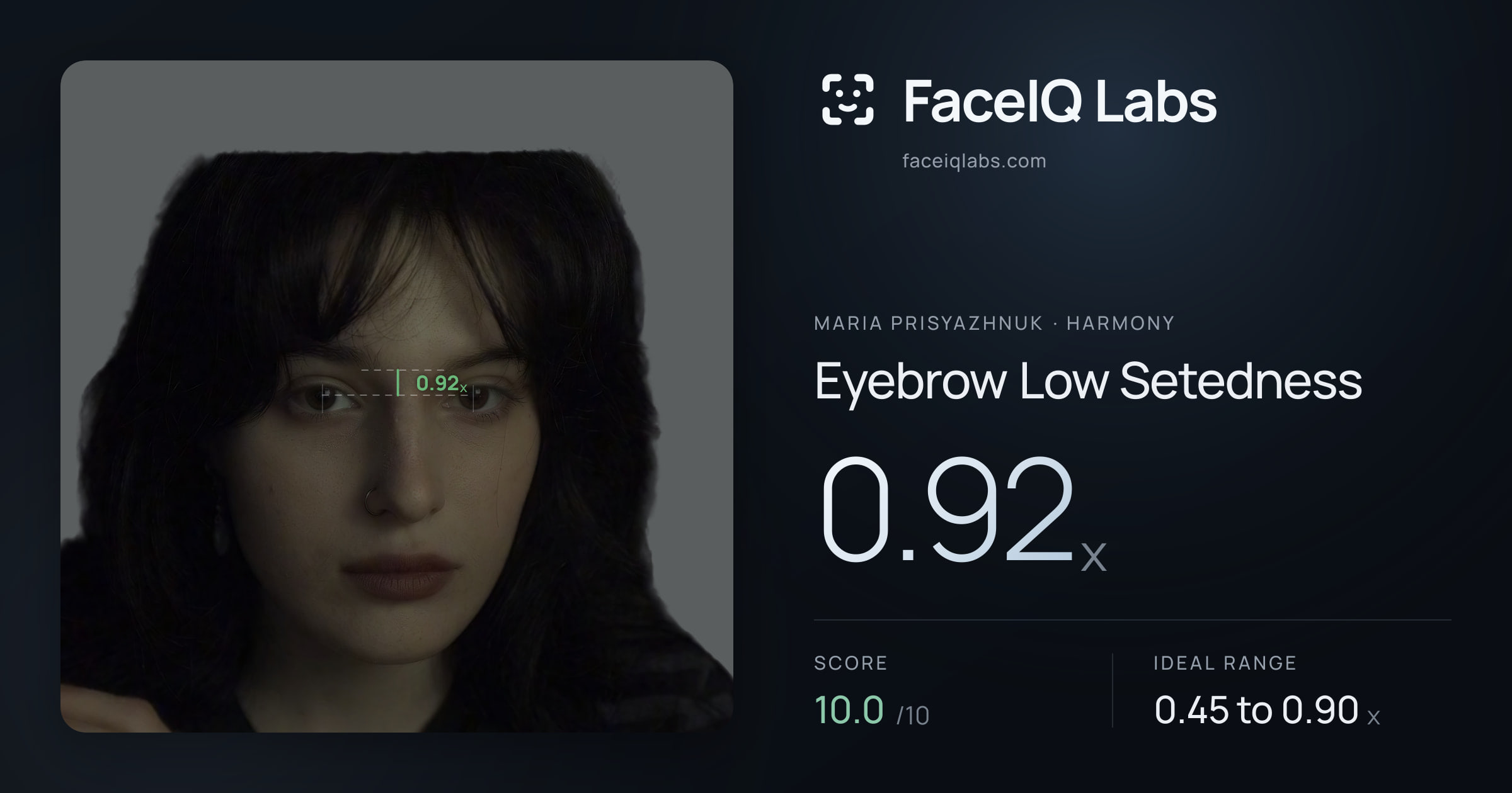 Maria Prisyazhnuk Eyebrow Low Setedness: 0.92x, drawn on the photo