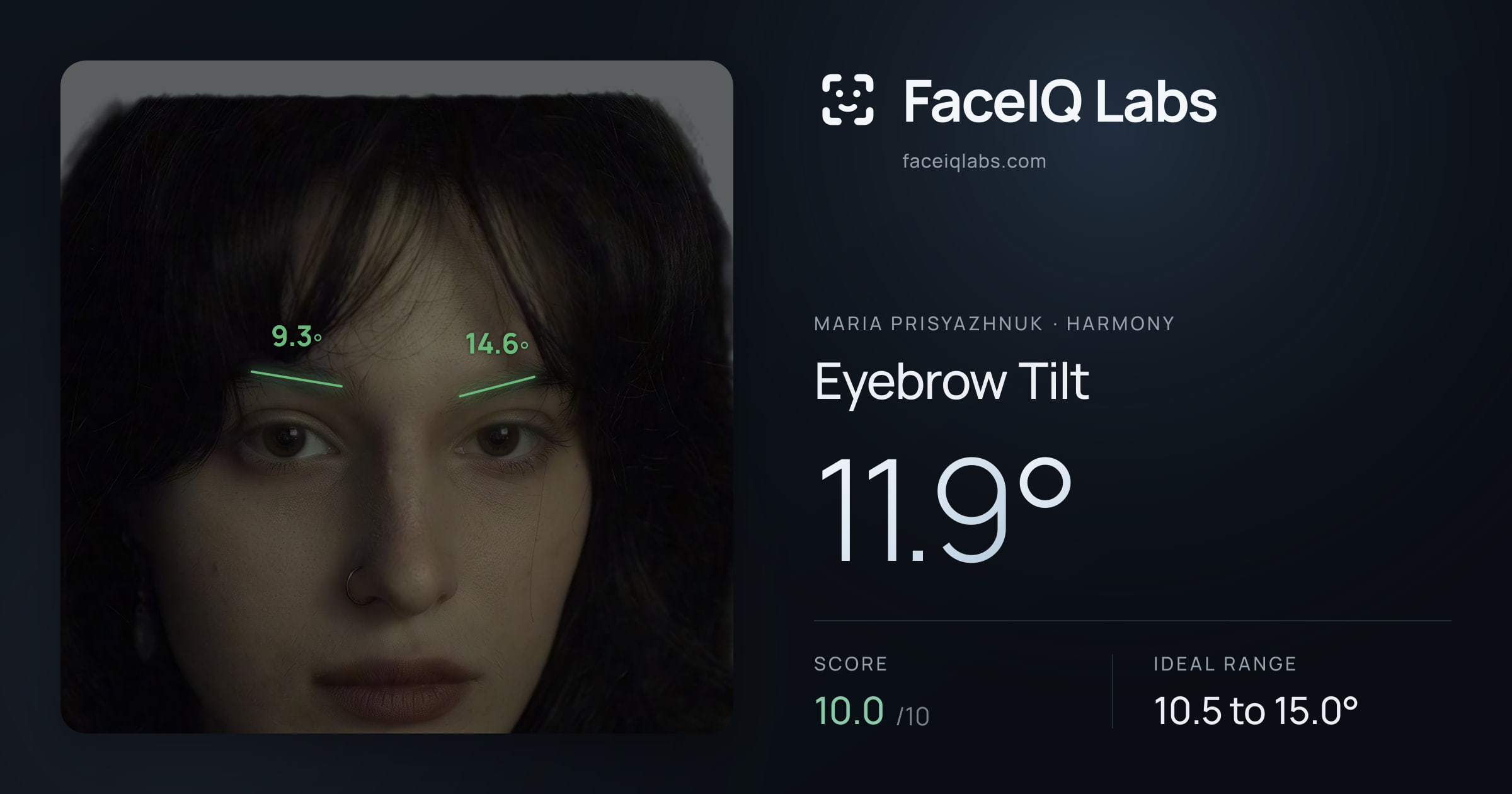 Maria Prisyazhnuk Eyebrow Tilt: 11.9°, drawn on the photo