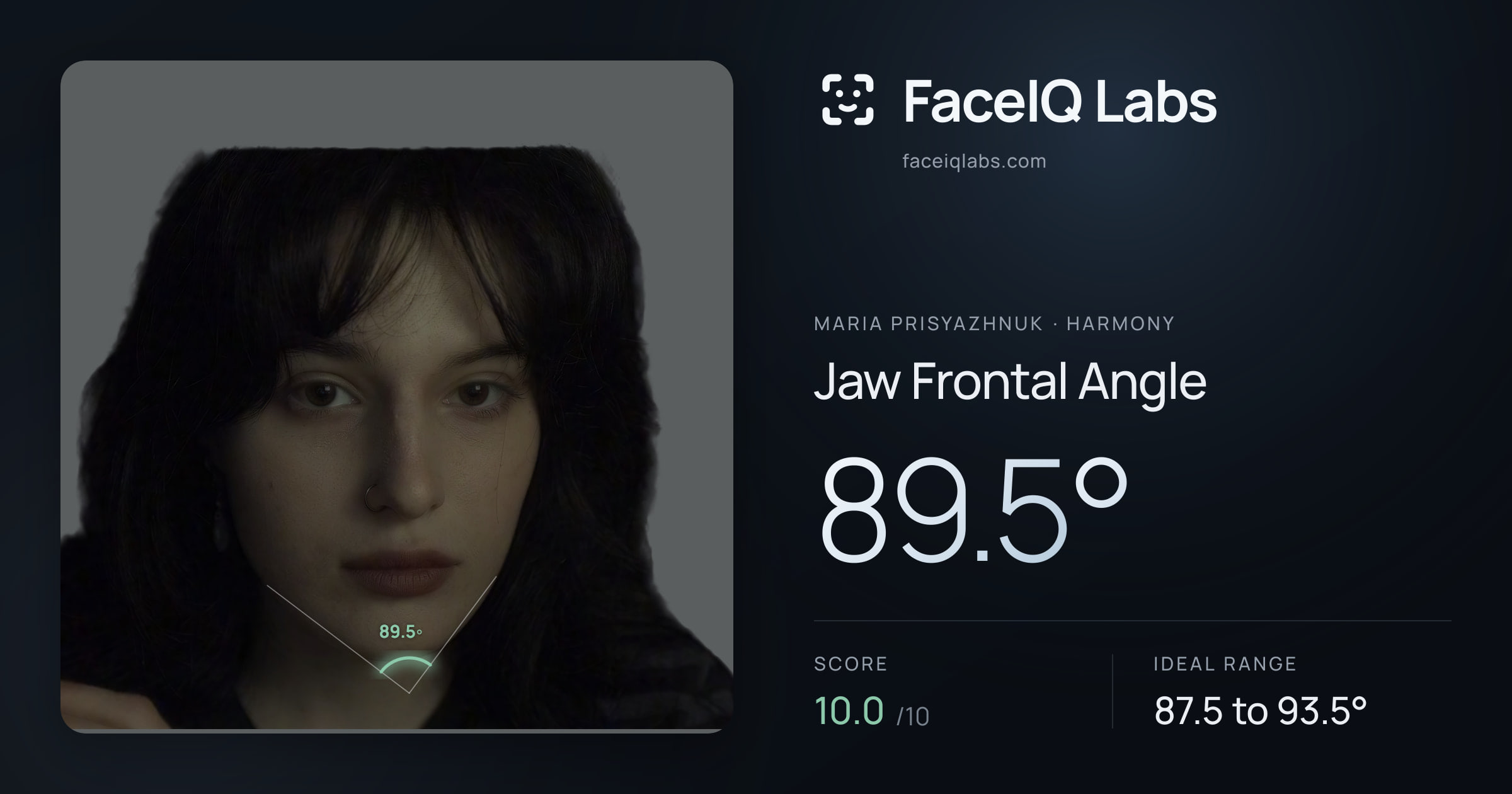 Maria Prisyazhnuk Jaw Frontal Angle: 89.5°, drawn on the photo