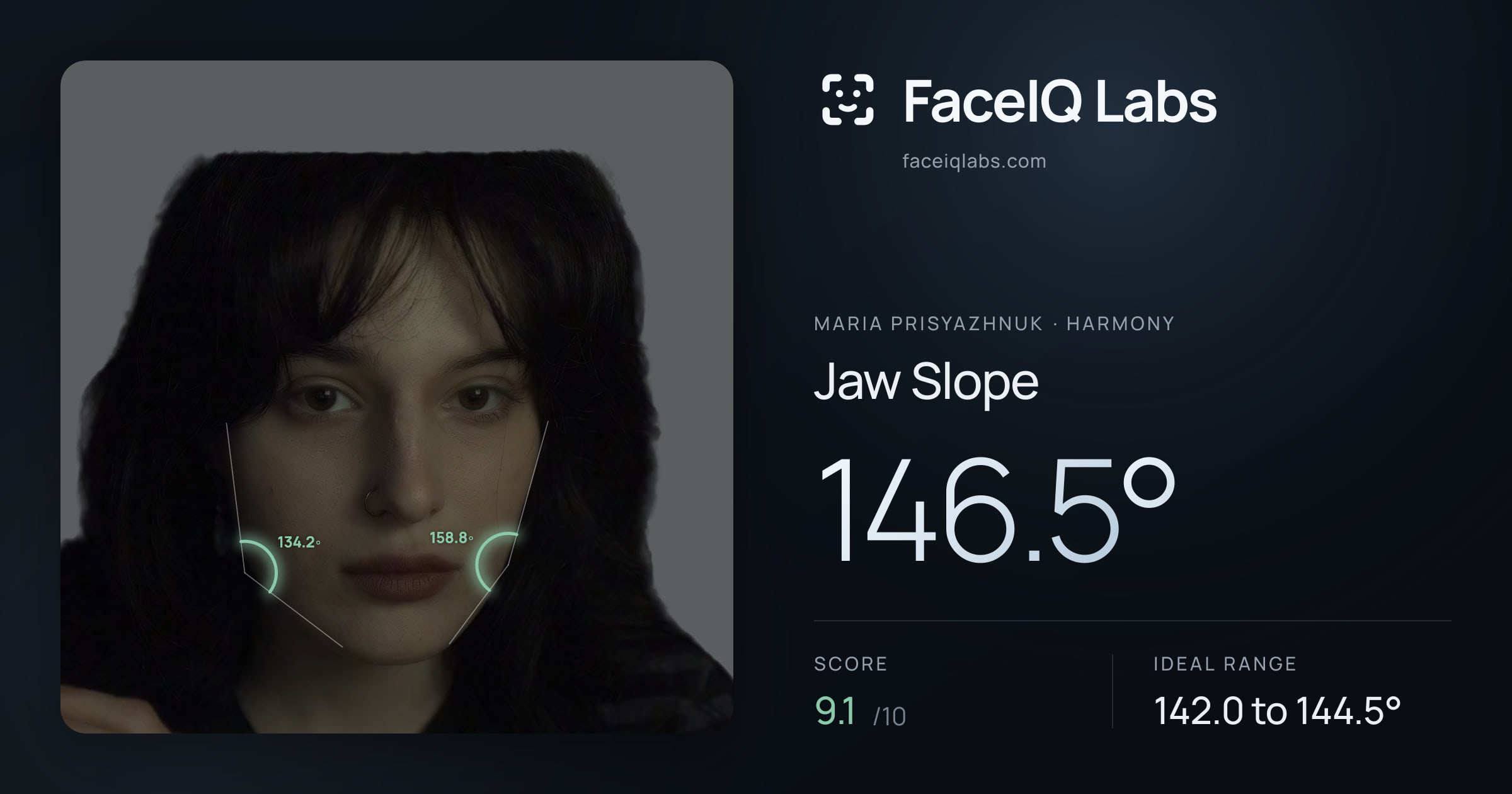 Maria Prisyazhnuk Jaw Slope: 146.5°, drawn on the photo