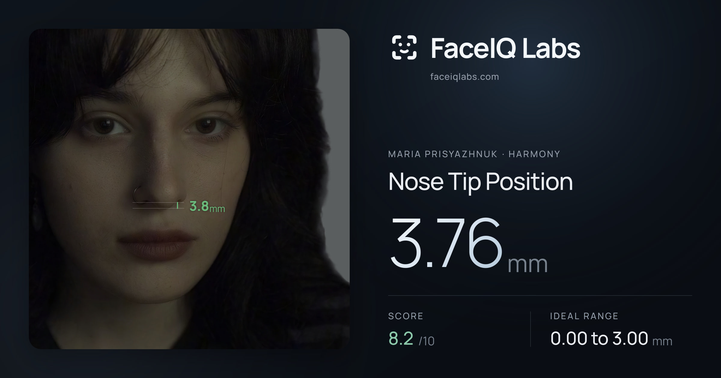 Maria Prisyazhnuk Nose Tip Position: 3.76mm, drawn on the photo
