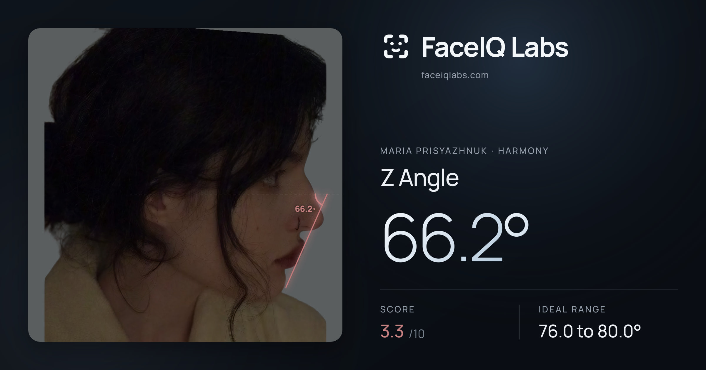 Maria Prisyazhnuk Z Angle: 66.2°, drawn on the photo