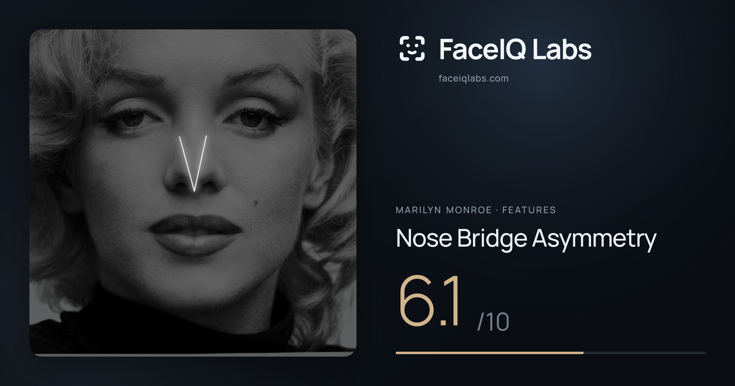 Marilyn Monroe Nose Bridge Asymmetry: 6.1/10, drawn on the photo