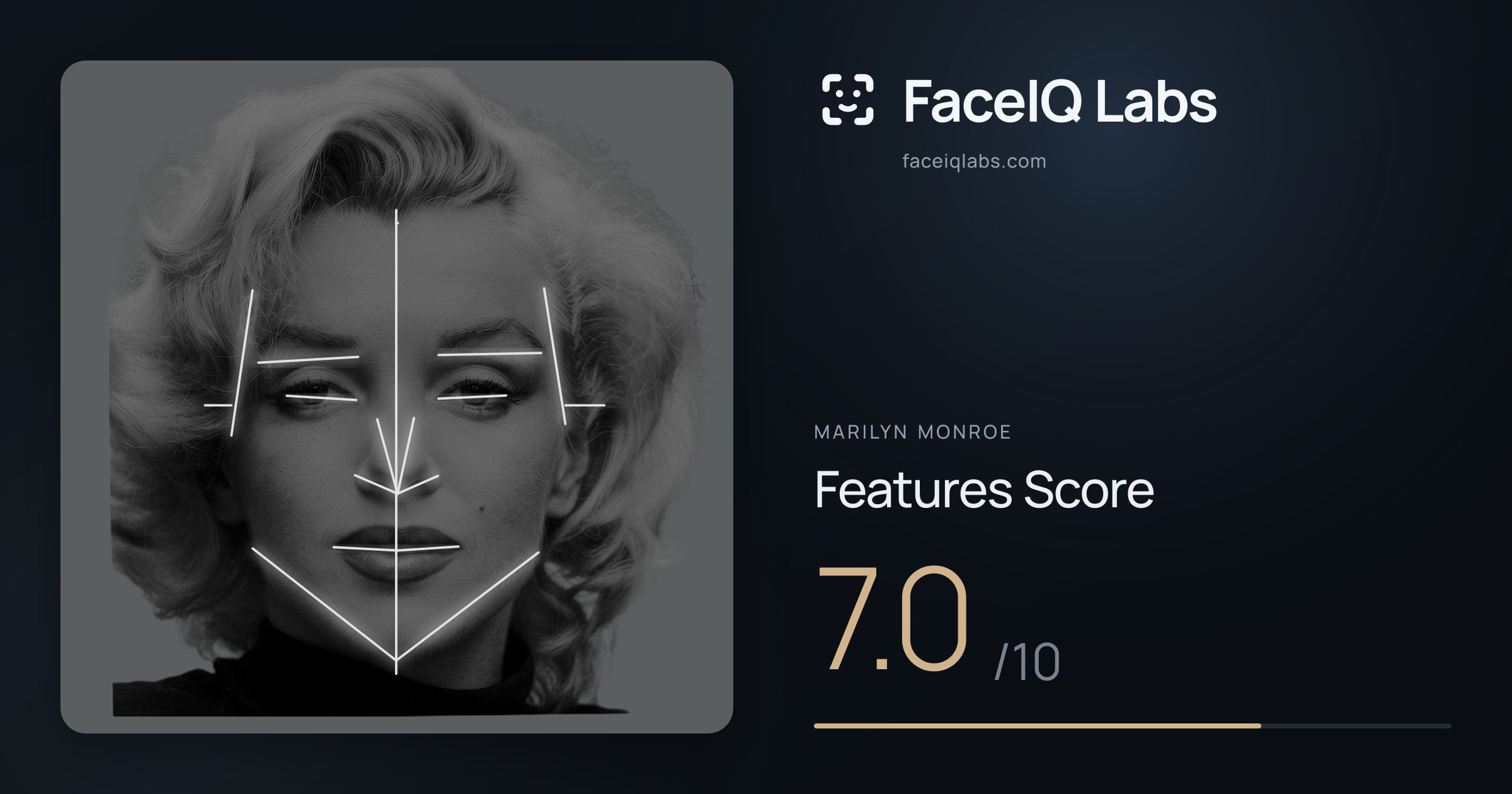 Marilyn Monroe Features: 7.0/10, with each assessment drawn on the photo