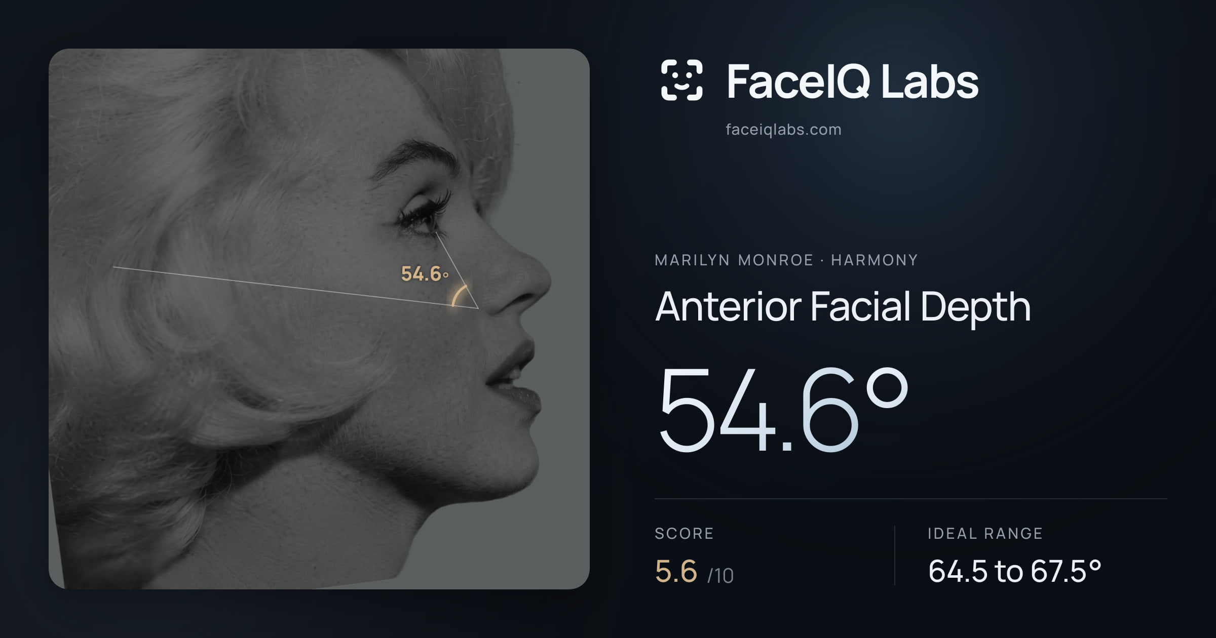Marilyn Monroe Anterior Facial Depth: 54.6°, drawn on the photo