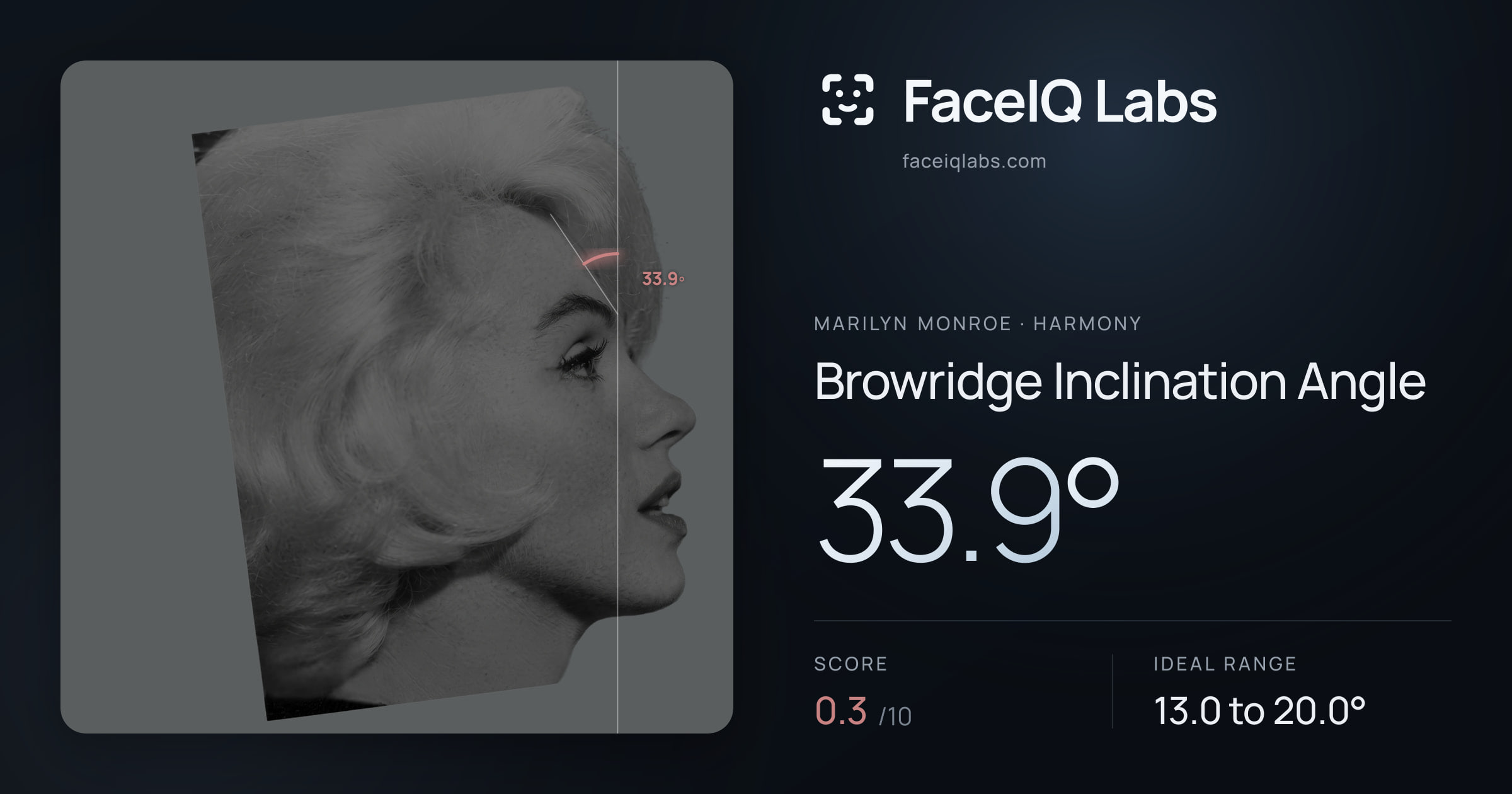 Marilyn Monroe Browridge Inclination Angle: 33.9°, drawn on the photo
