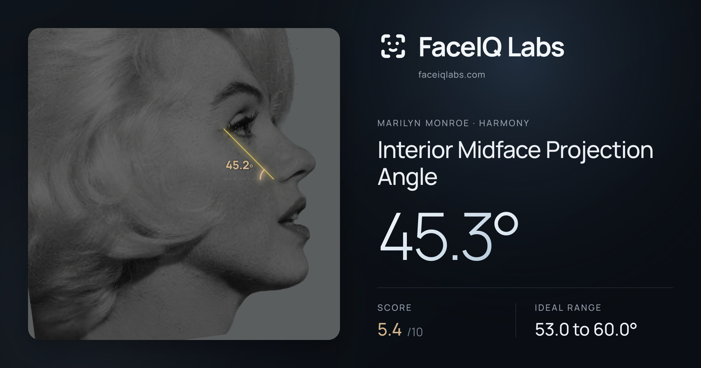 Marilyn Monroe Interior Midface Projection Angle: 45.3°, drawn on the photo