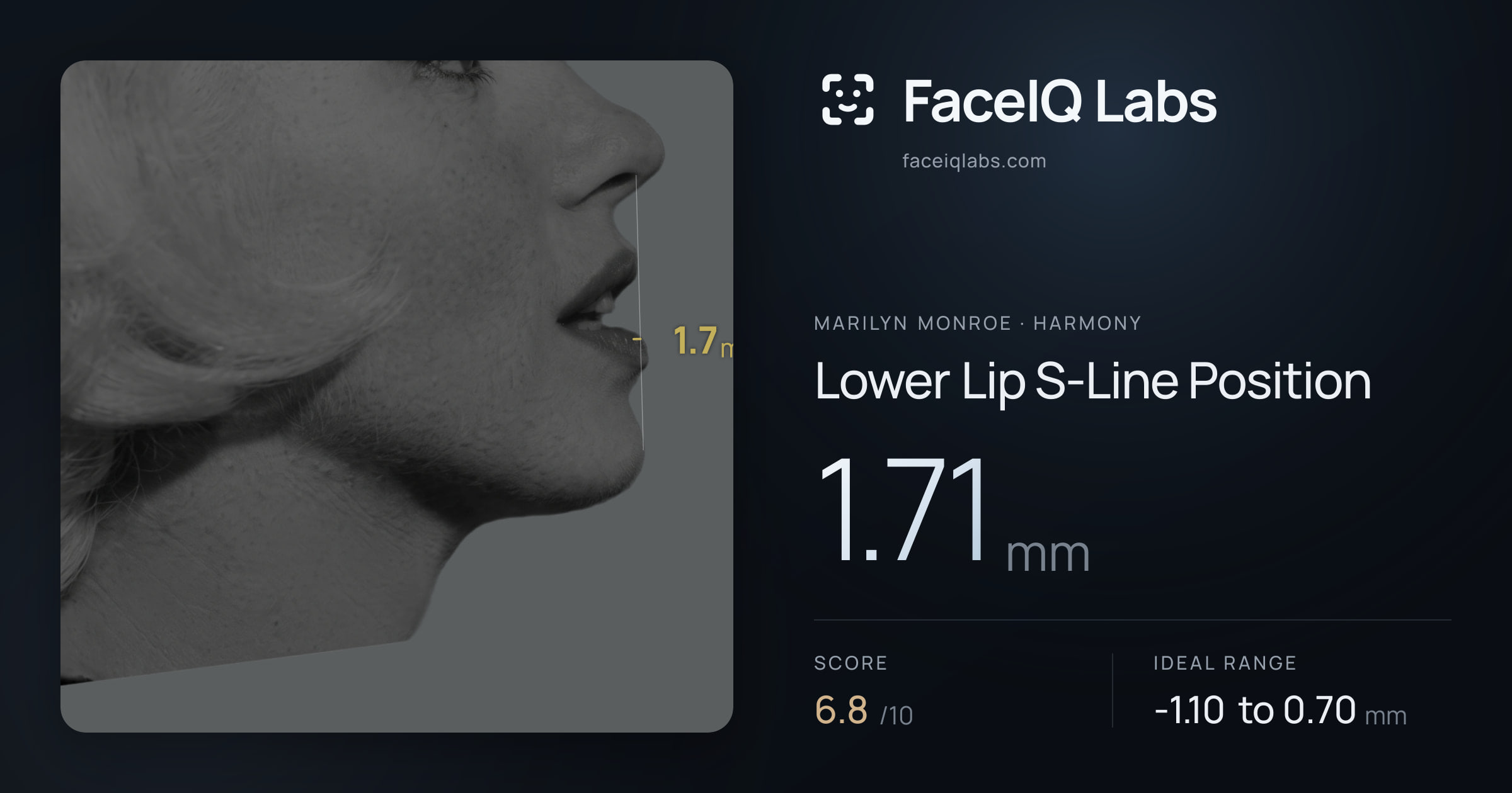 Marilyn Monroe Lower Lip S-Line Position: 1.71mm, drawn on the photo