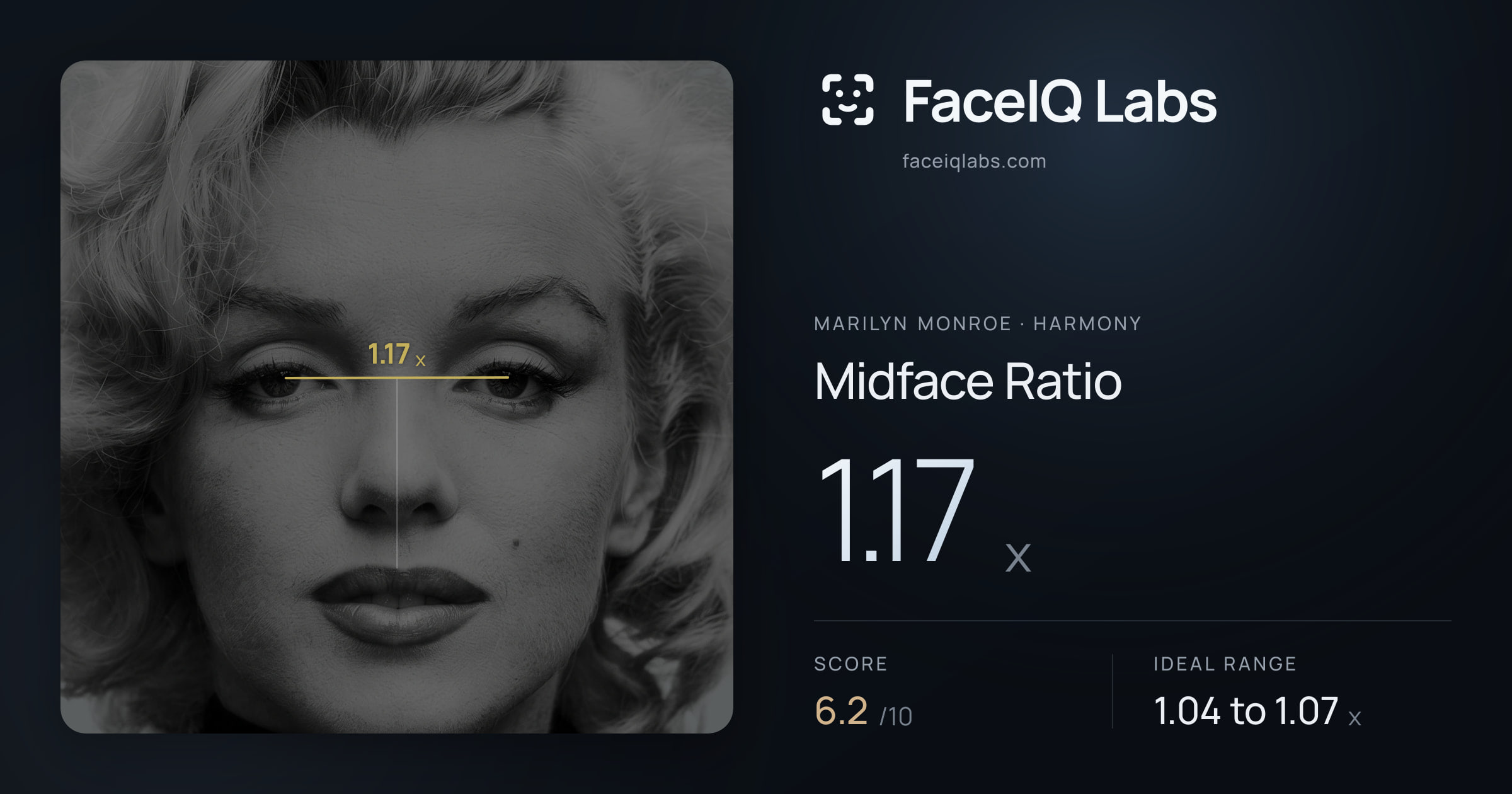Marilyn Monroe Midface Ratio: 1.17x, drawn on the photo