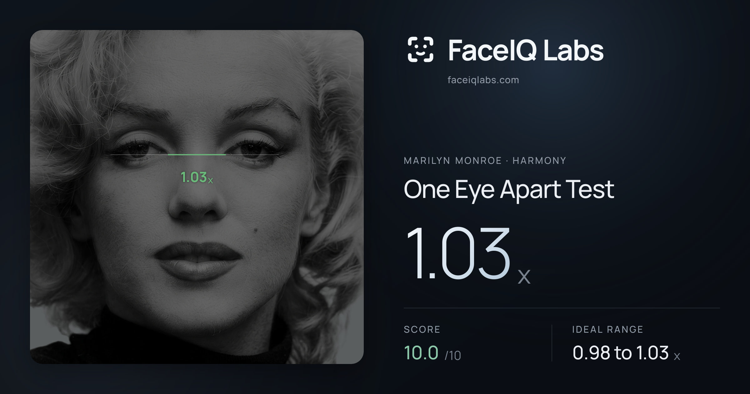 Marilyn Monroe One Eye Apart Test: 1.03x, drawn on the photo
