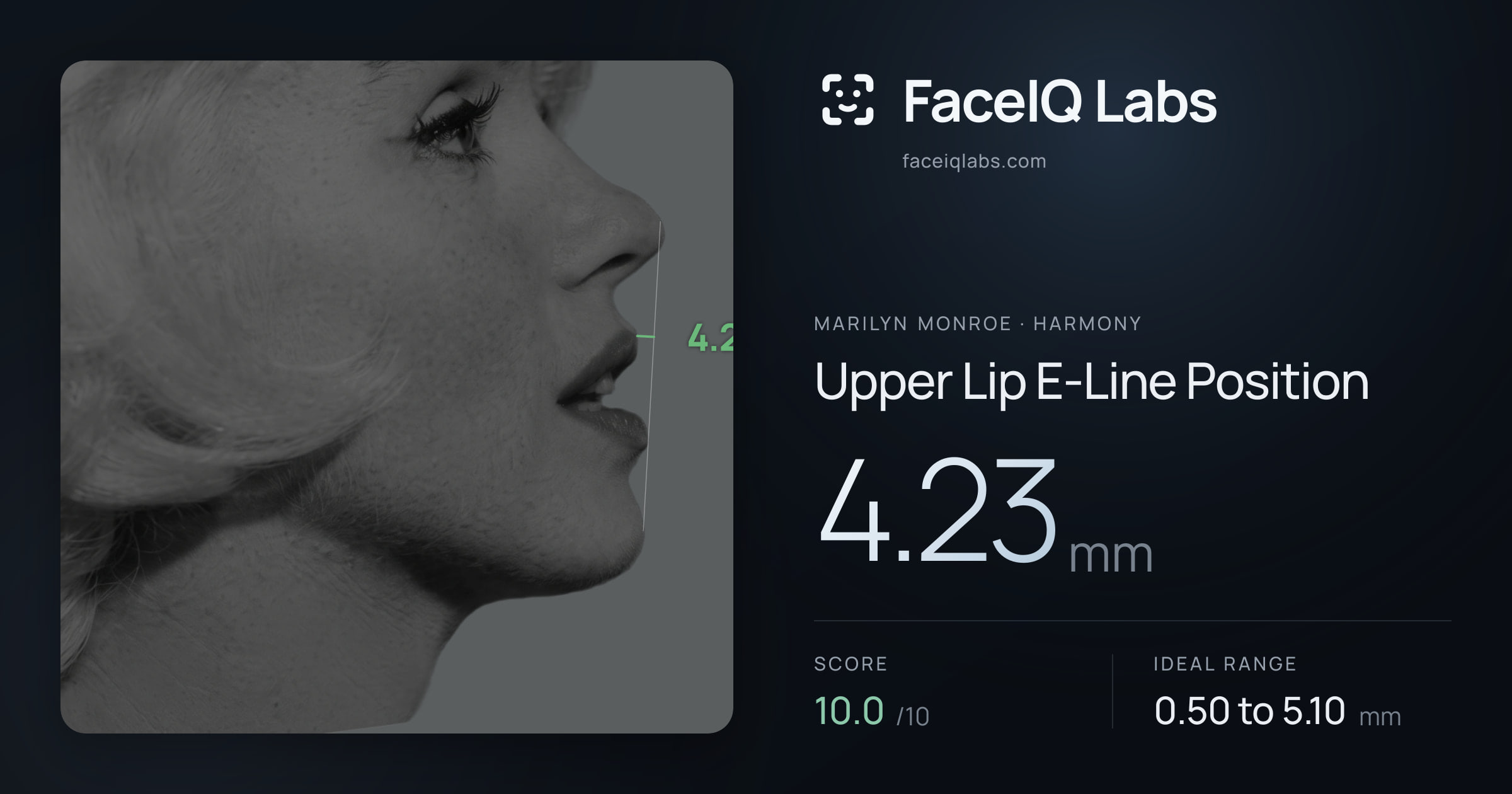 Marilyn Monroe Upper Lip E-Line Position: 4.23mm, drawn on the photo
