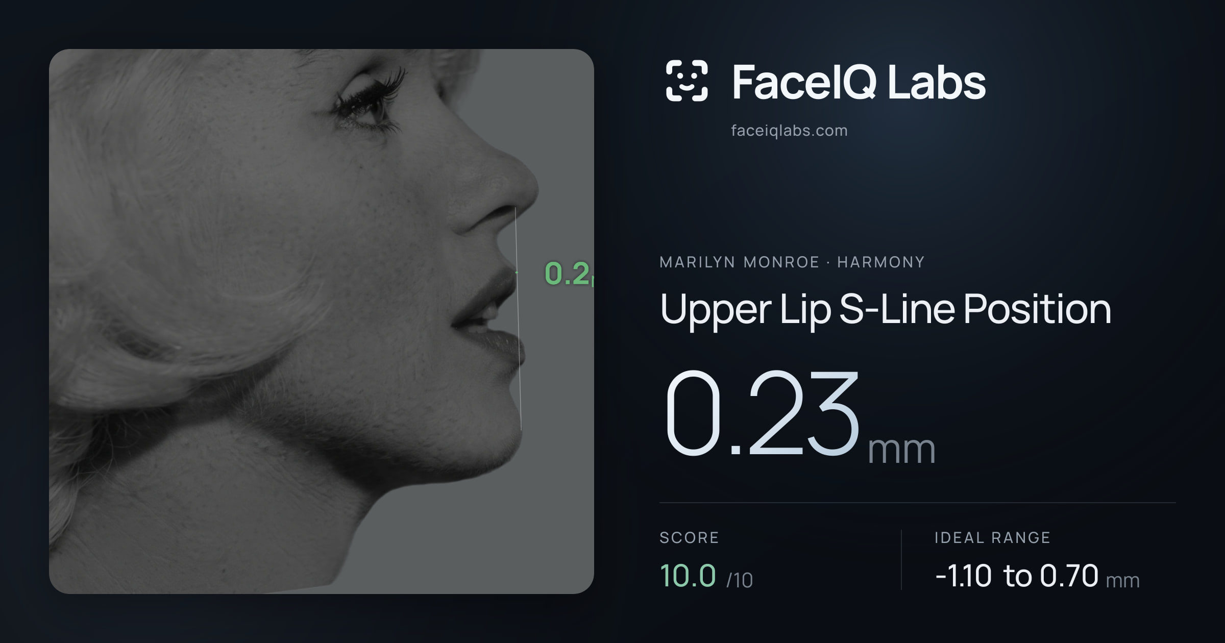 Marilyn Monroe Upper Lip S-Line Position: 0.23mm, drawn on the photo