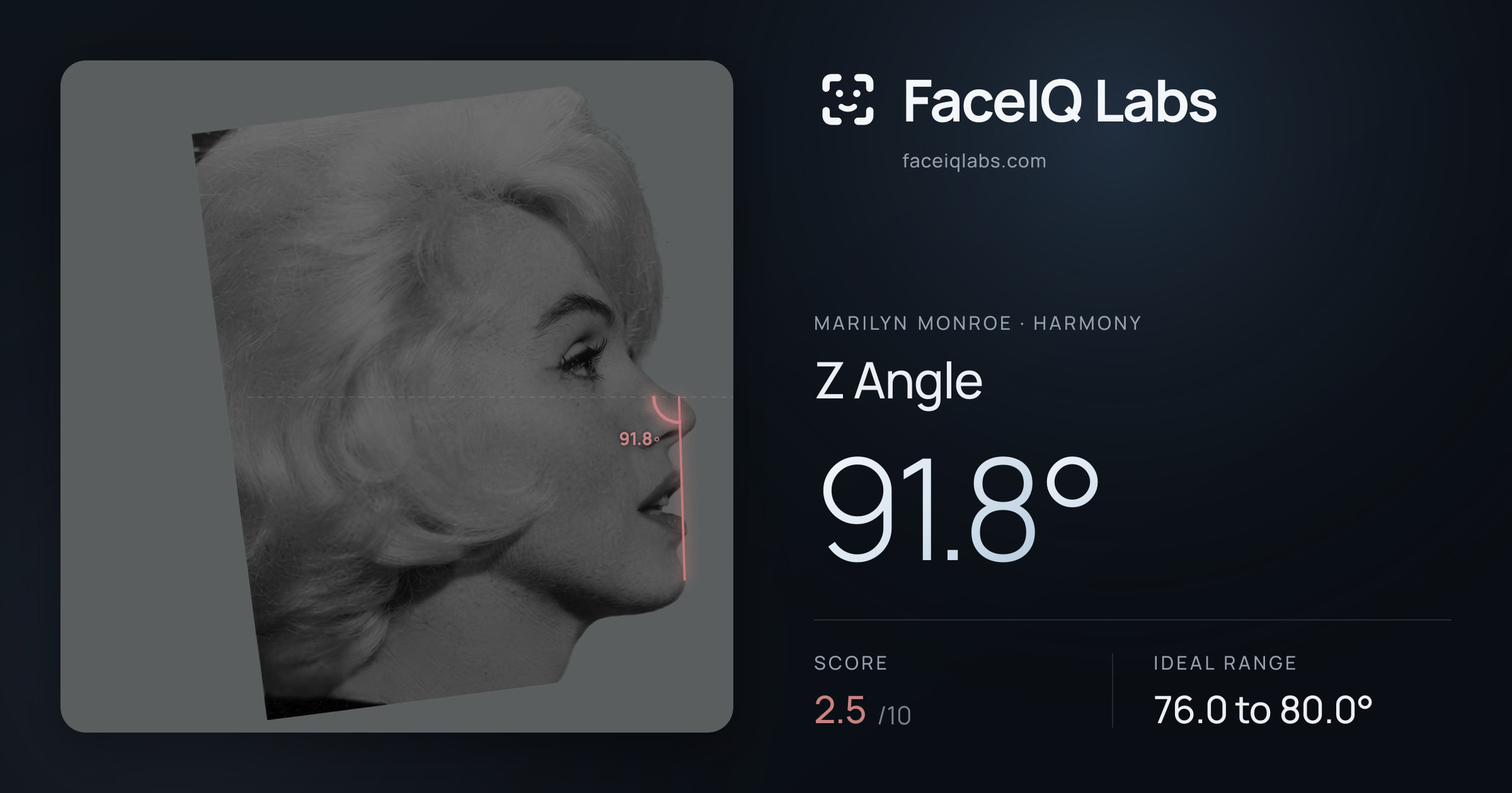 Marilyn Monroe Z Angle: 91.8°, drawn on the photo