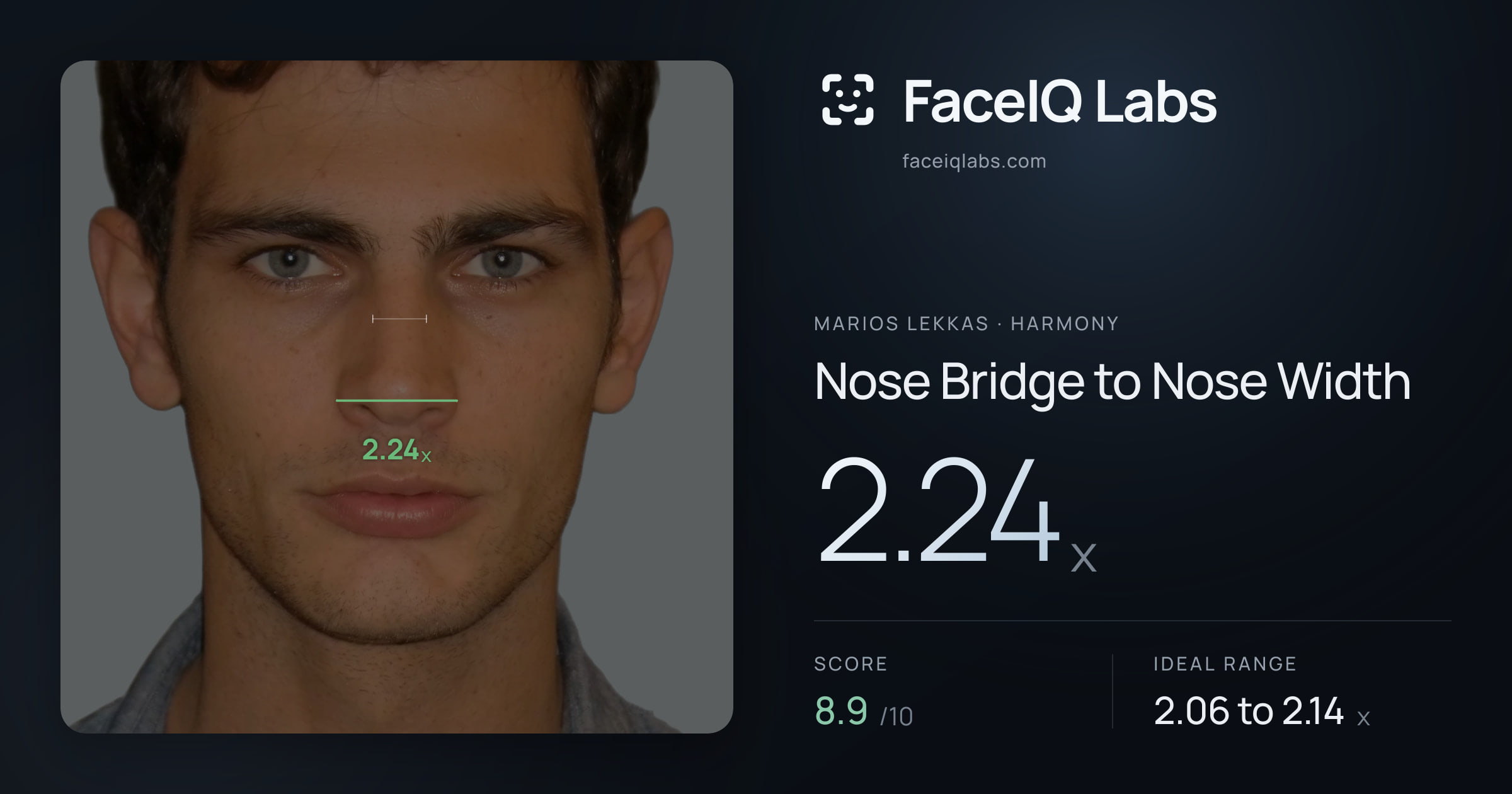 Marios Lekkas Nose Bridge to Nose Width: 2.24x, drawn on the photo