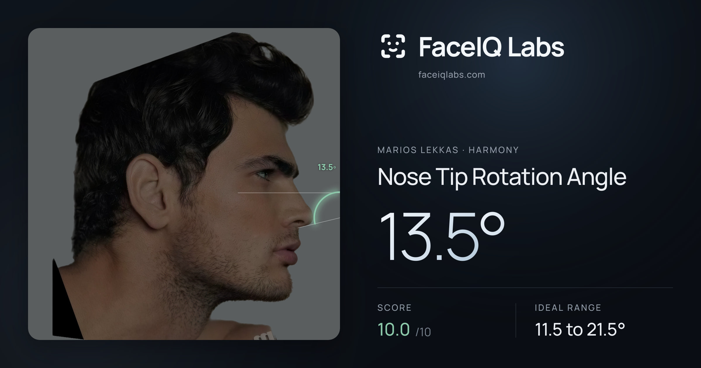 Marios Lekkas Nose Tip Rotation Angle: 13.5°, drawn on the photo