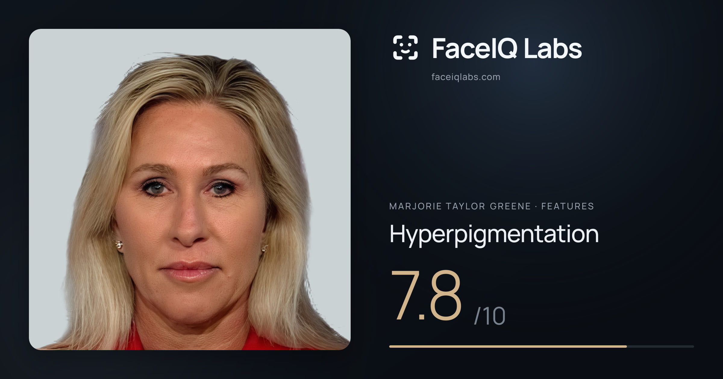 Marjorie Taylor Greene Hyperpigmentation: 7.8/10, drawn on the photo