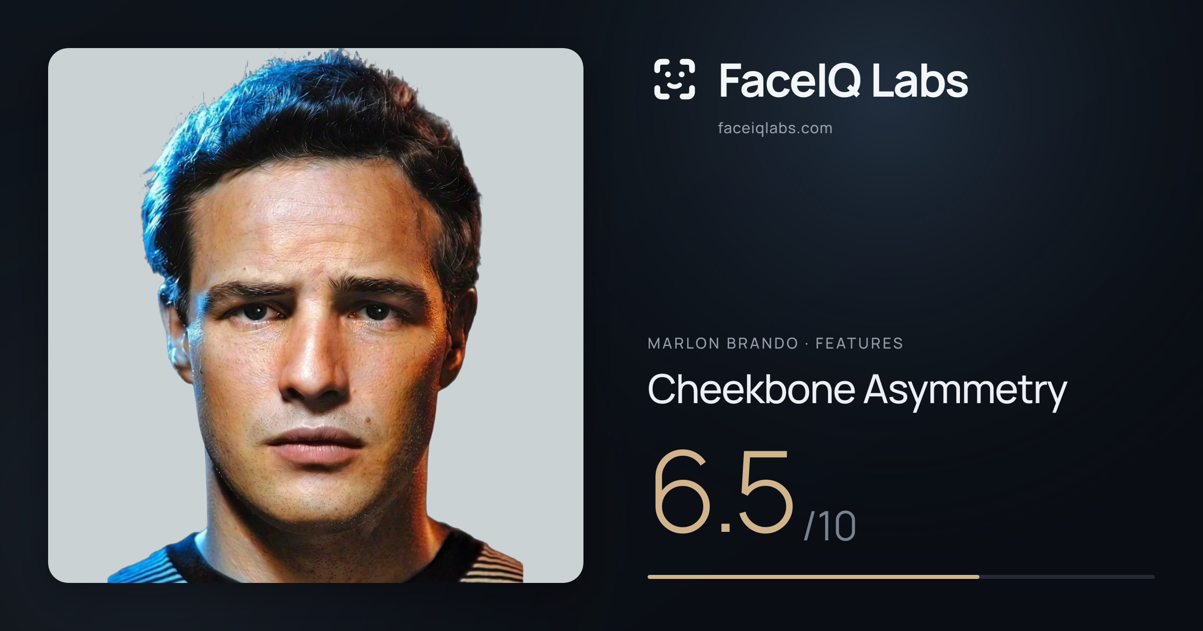 Marlon Brando Cheekbone Asymmetry: 6.5/10, drawn on the photo
