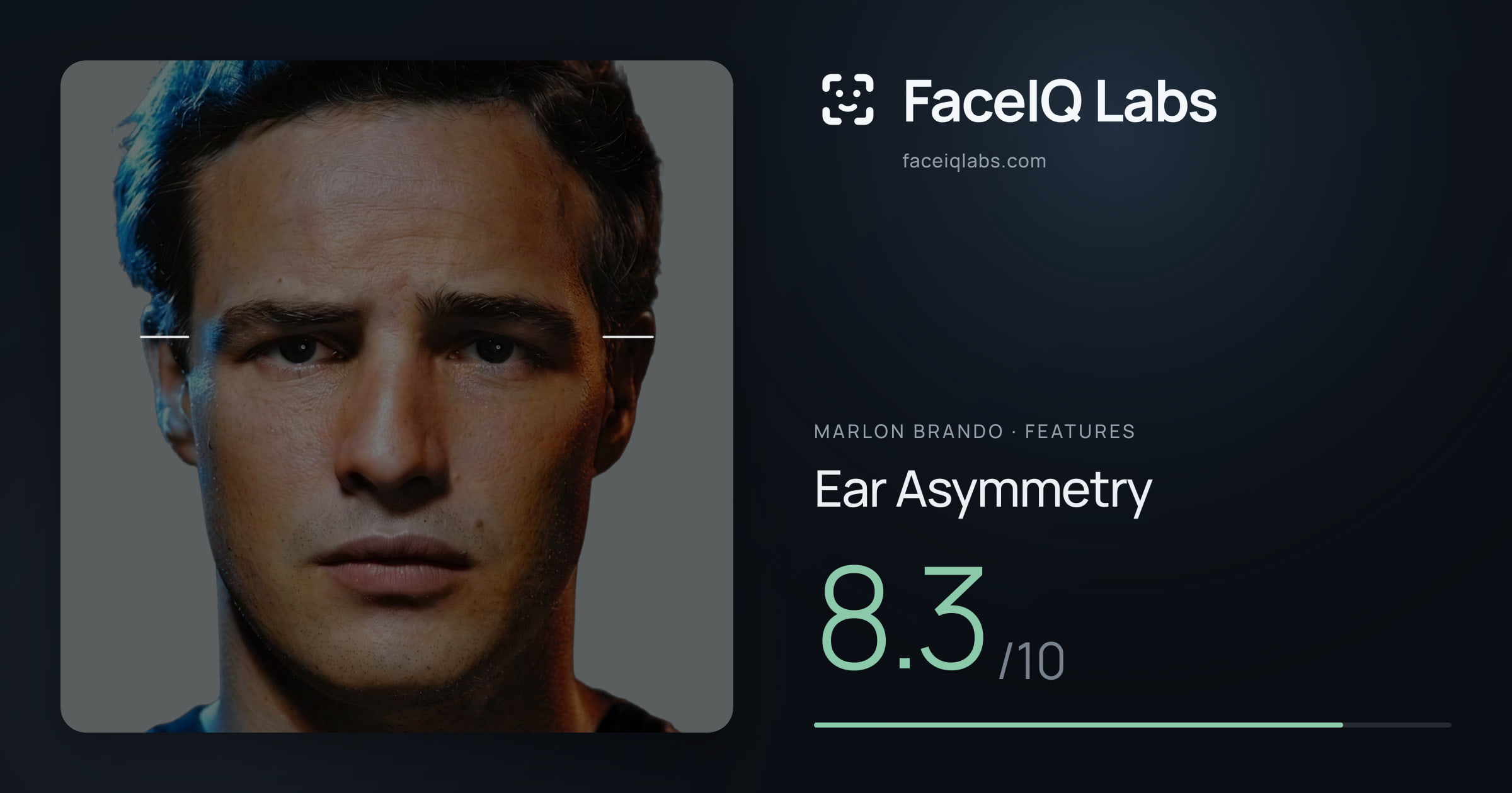 Marlon Brando Ear Asymmetry: 8.3/10, drawn on the photo