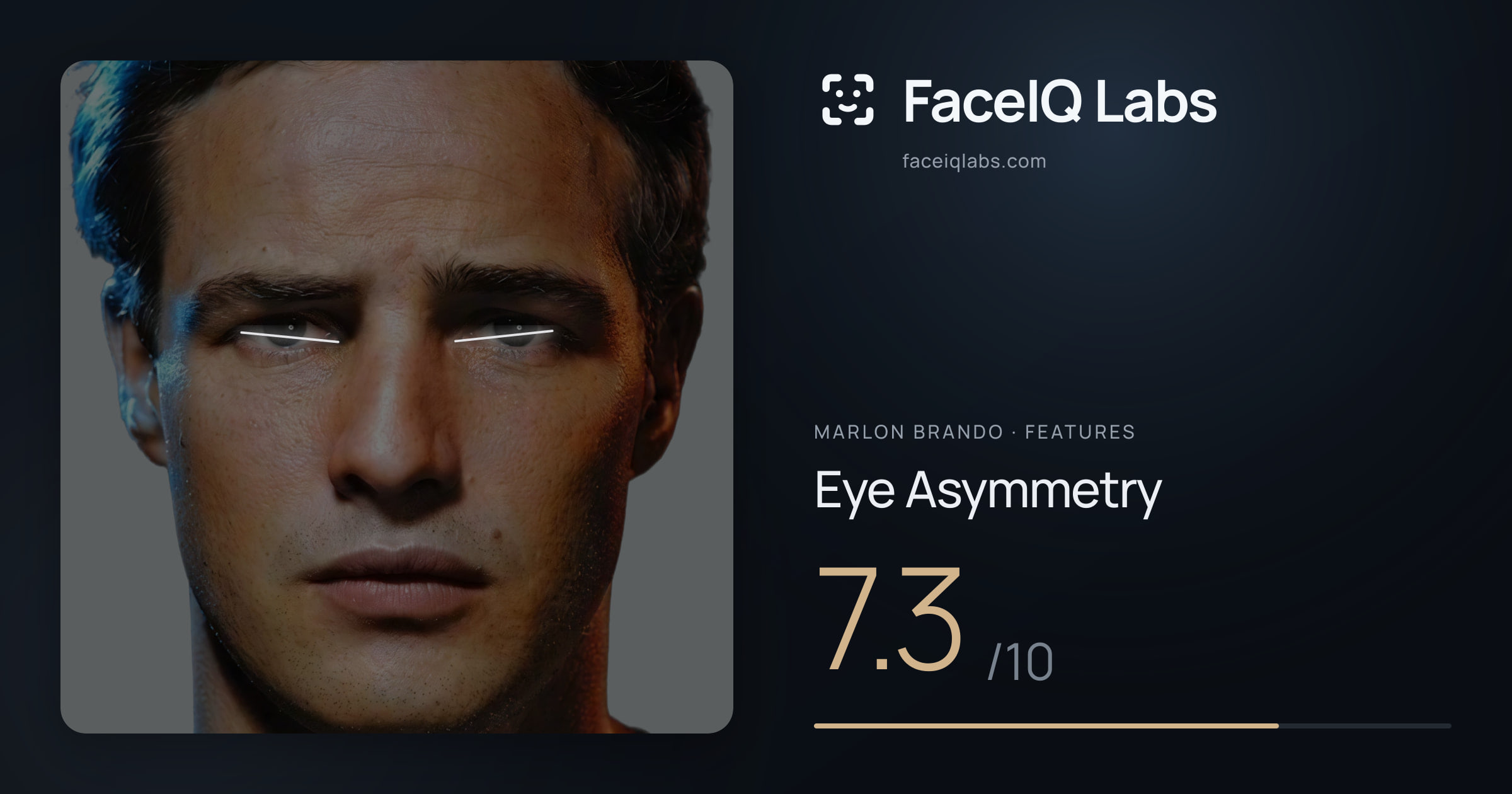 Marlon Brando Eye Asymmetry: 7.3/10, drawn on the photo