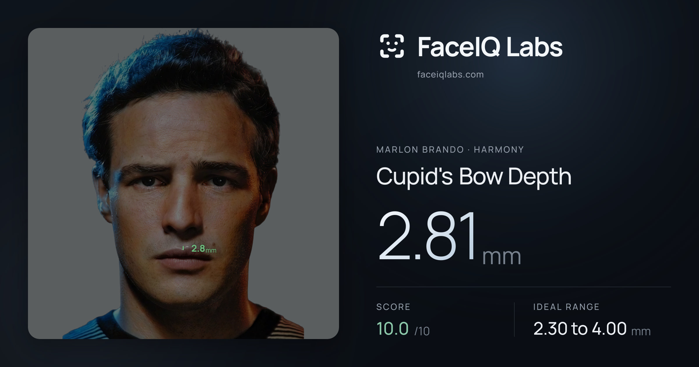 Marlon Brando Cupid's Bow Depth: 2.81mm, drawn on the photo