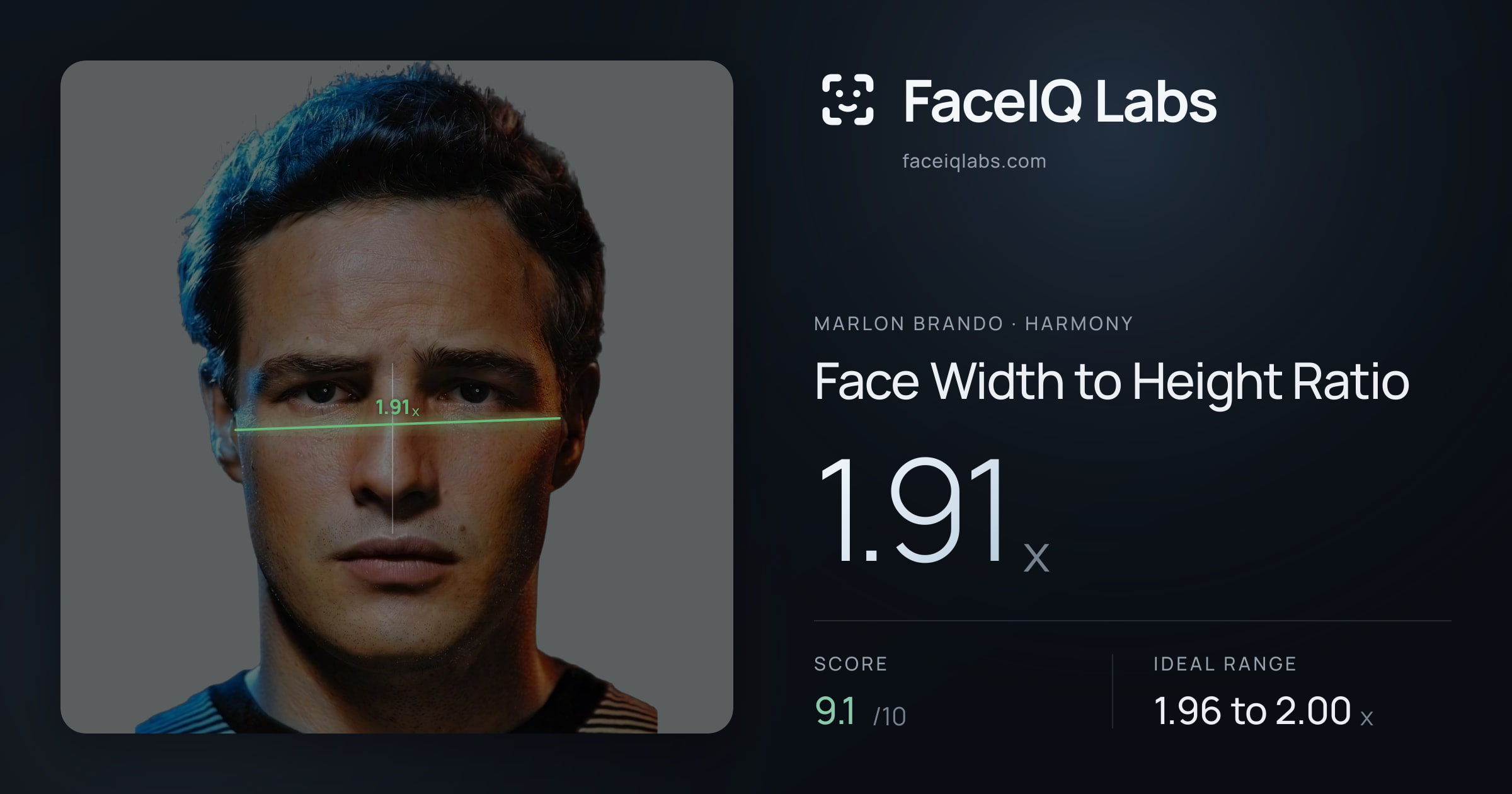 Marlon Brando Face Width to Height Ratio: 1.91x, drawn on the photo