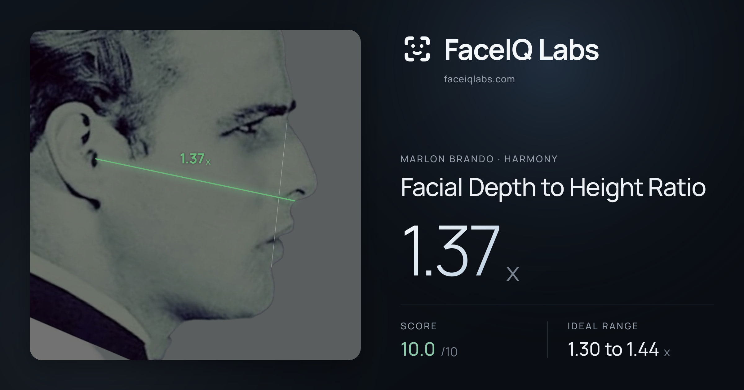 Marlon Brando Facial Depth to Height Ratio: 1.37x, drawn on the photo