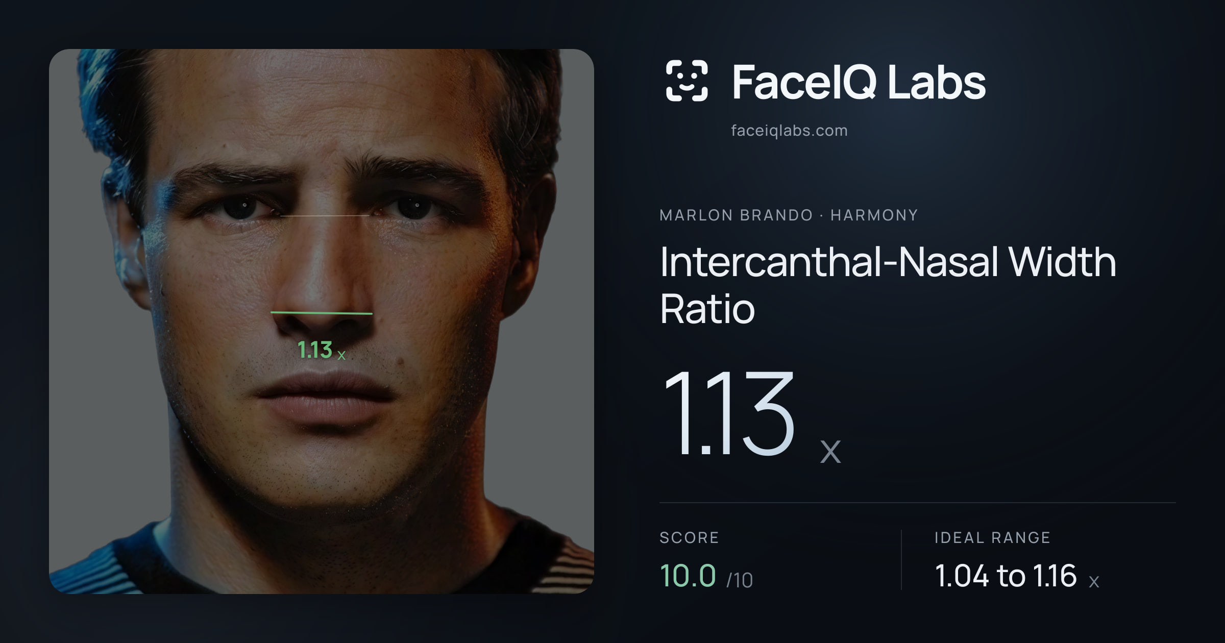 Marlon Brando Intercanthal-Nasal Width Ratio: 1.13x, drawn on the photo