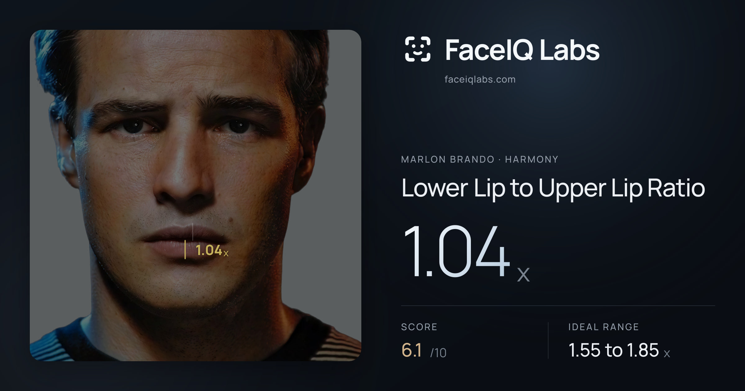 Marlon Brando Lower Lip to Upper Lip Ratio: 1.04x, drawn on the photo