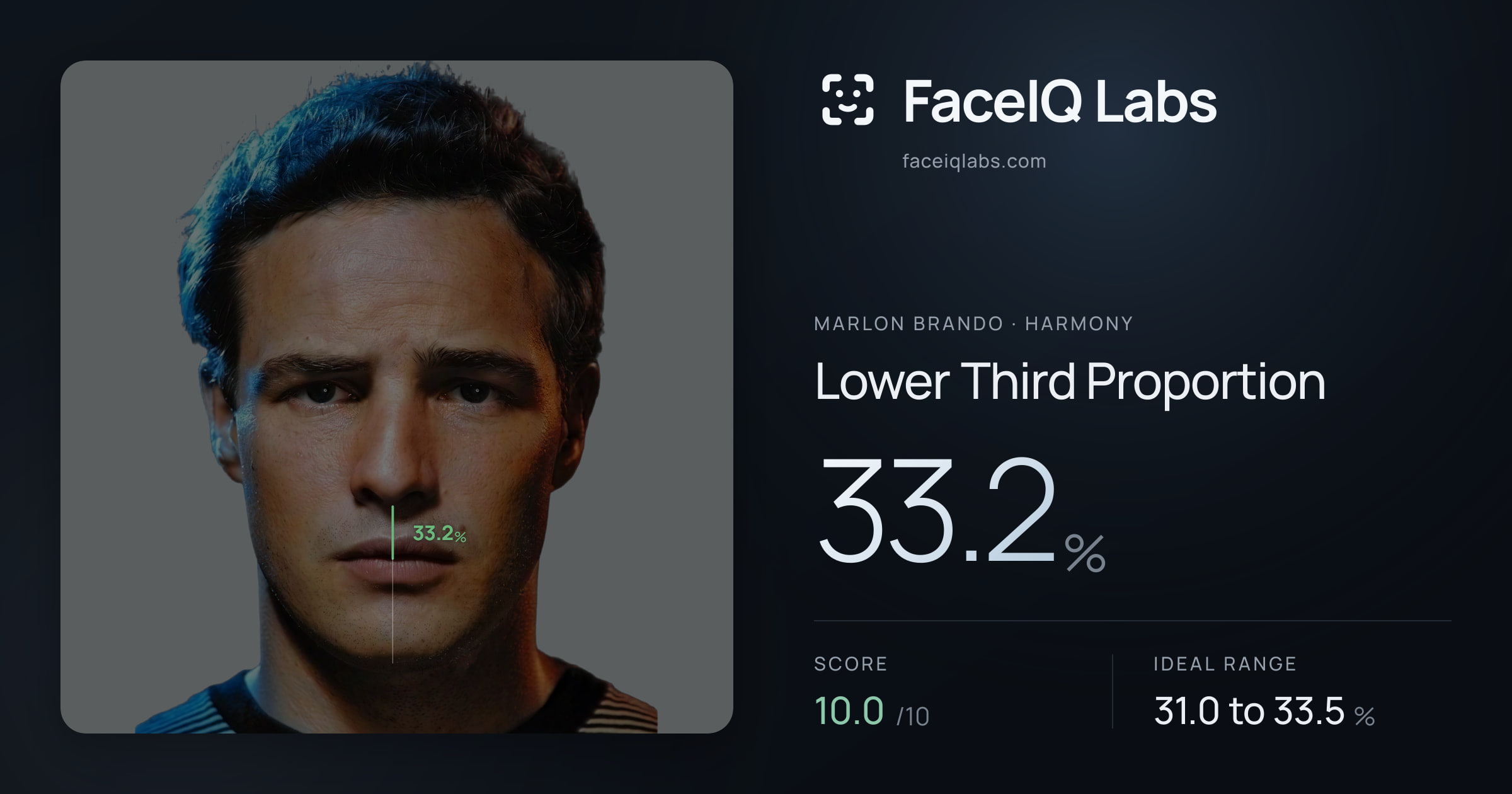 Marlon Brando Lower Third Proportion: 33.2%, drawn on the photo