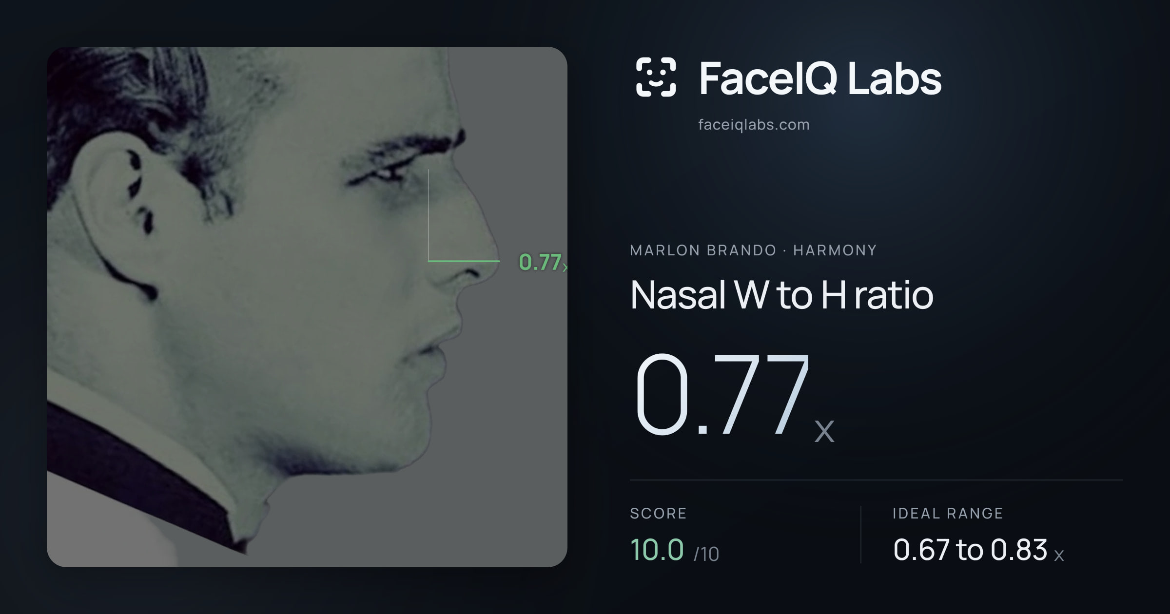 Marlon Brando Nasal W to H ratio: 0.77x, drawn on the photo