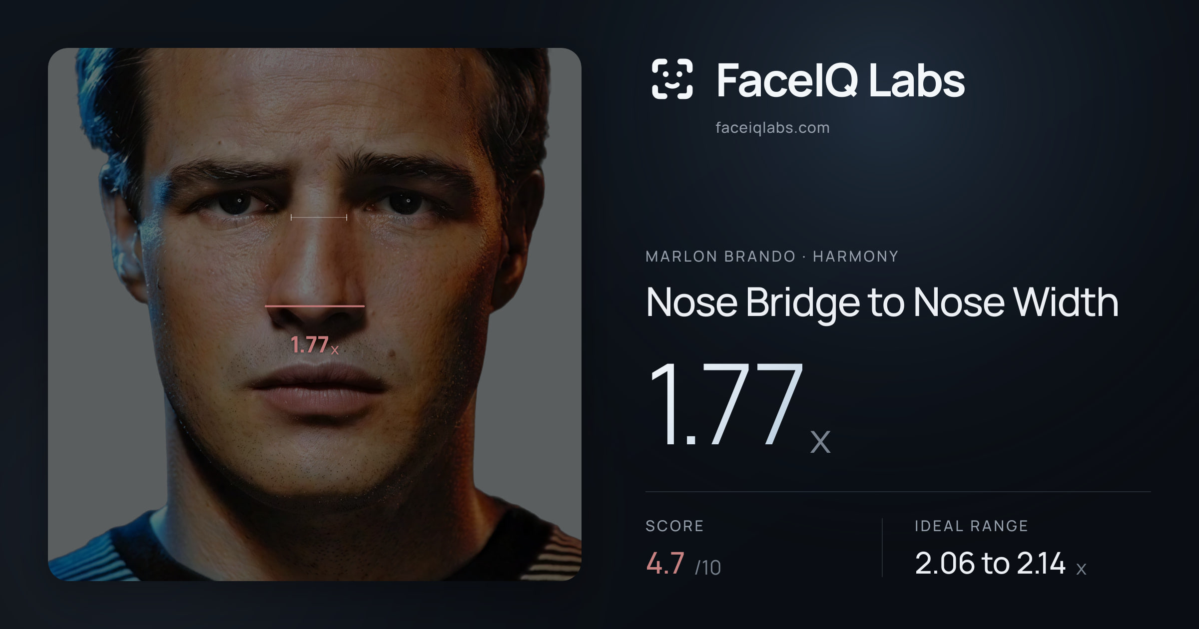 Marlon Brando Nose Bridge to Nose Width: 1.77x, drawn on the photo