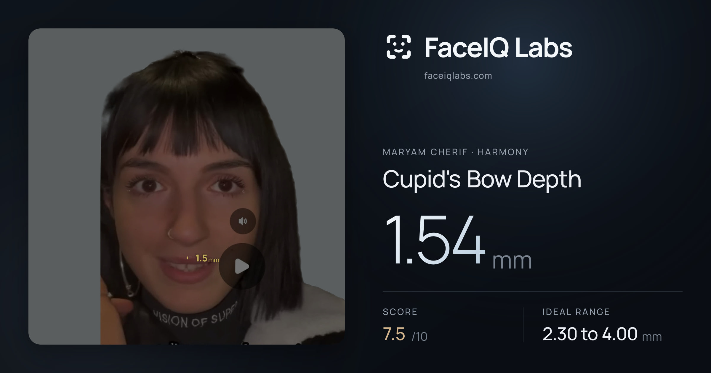 Maryam Cherif Cupid's Bow Depth: 1.54mm, drawn on the photo