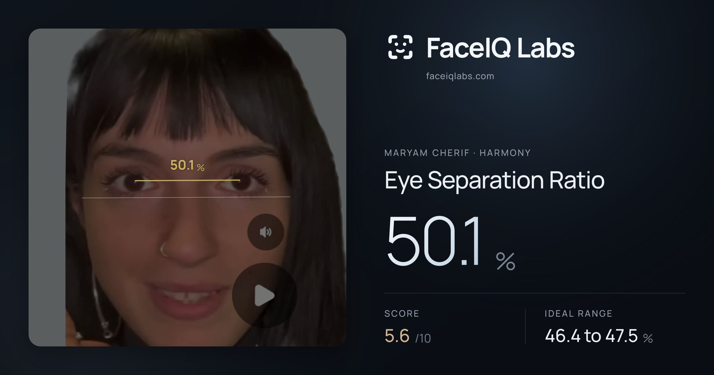 Maryam Cherif Eye Separation Ratio: 50.1%, drawn on the photo