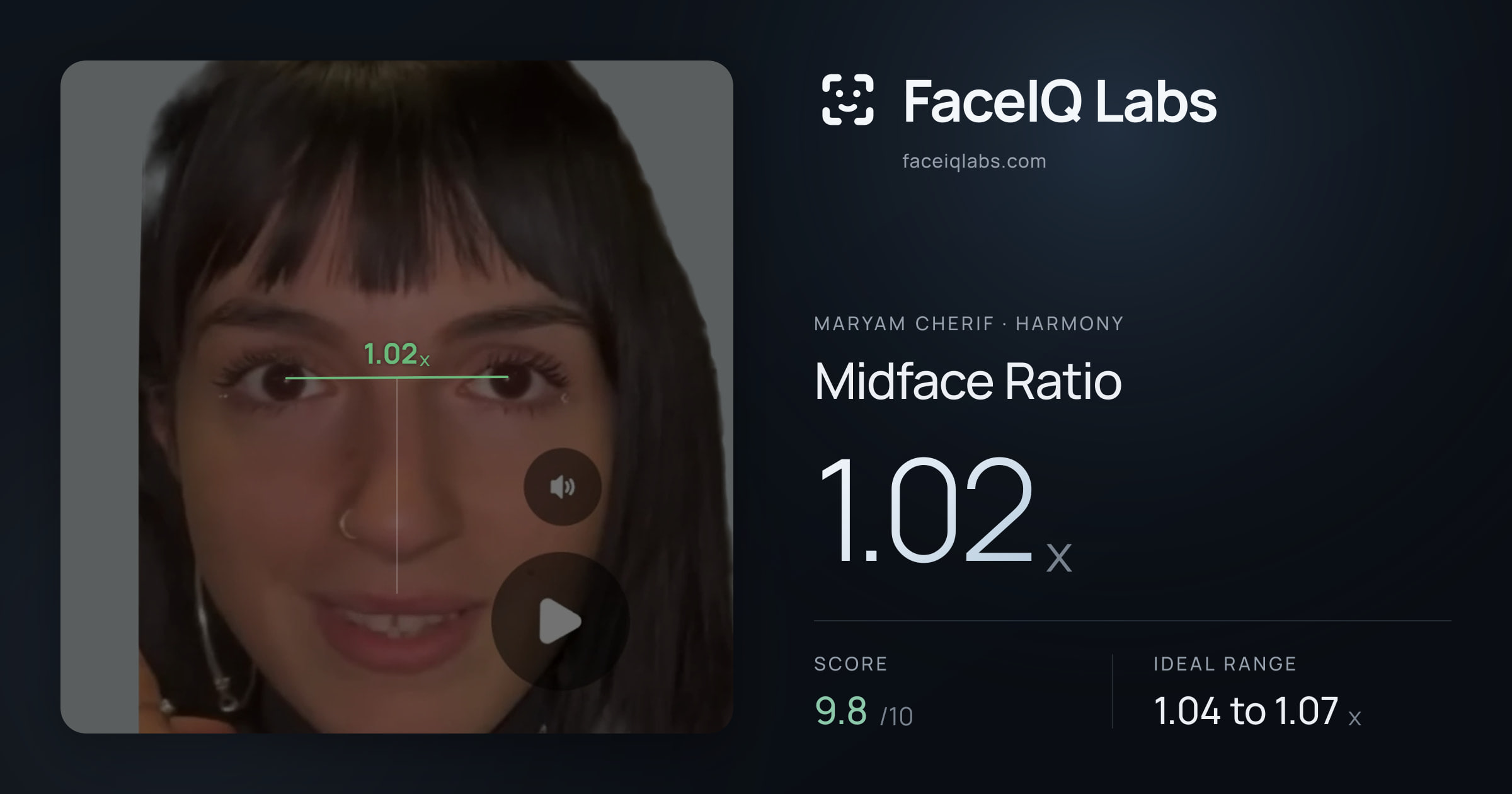 Maryam Cherif Midface Ratio: 1.02x, drawn on the photo
