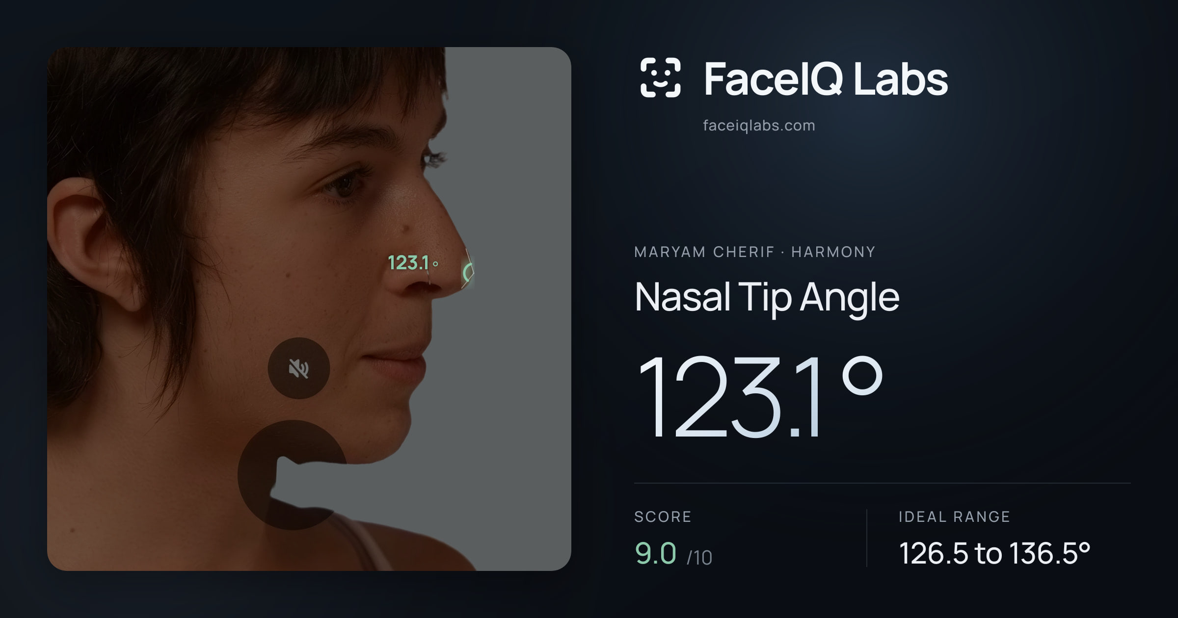 Maryam Cherif Nasal Tip Angle: 123.1°, drawn on the photo