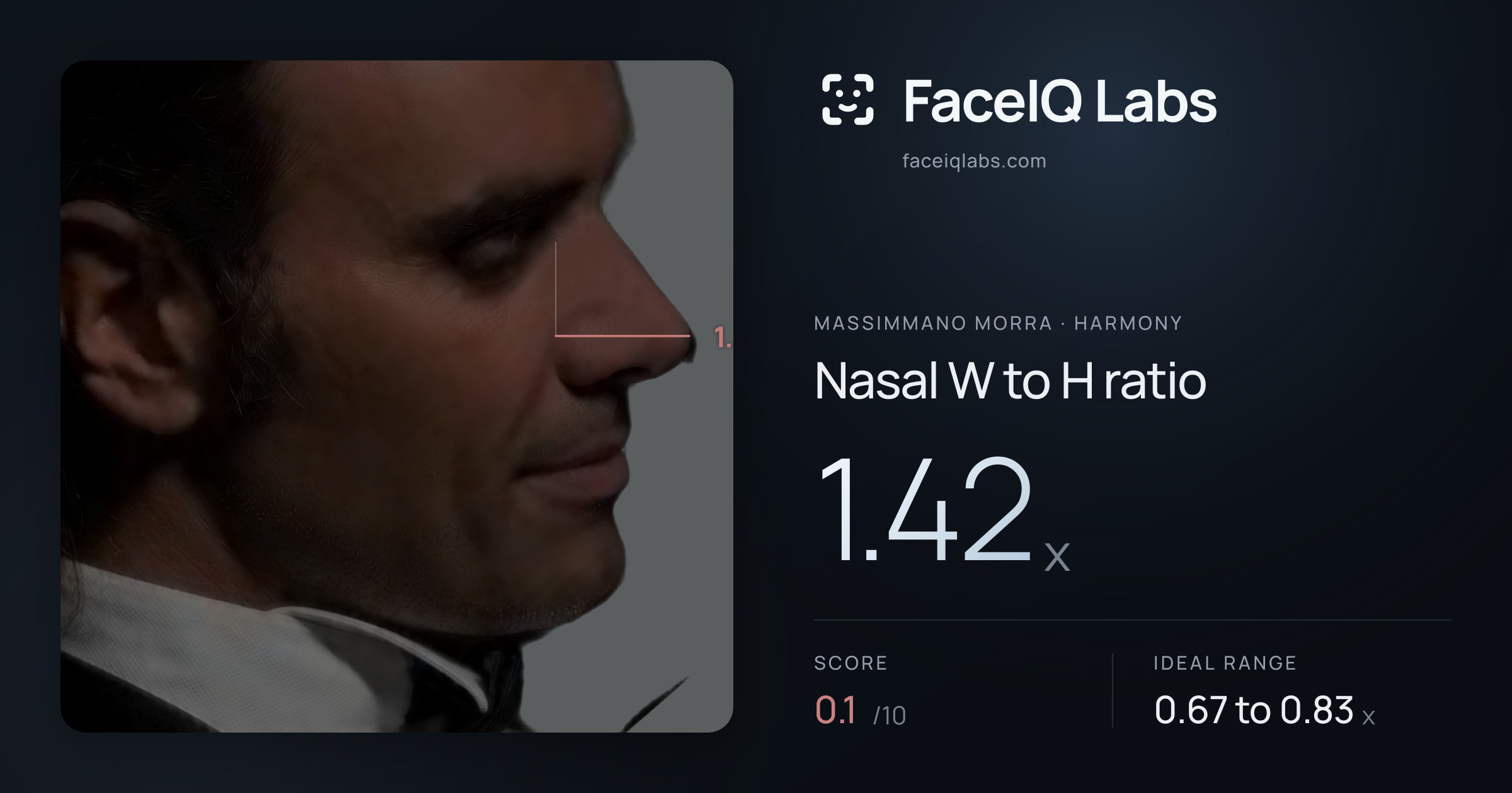 Massimmano Morra Nasal W to H ratio: 1.42x, drawn on the photo