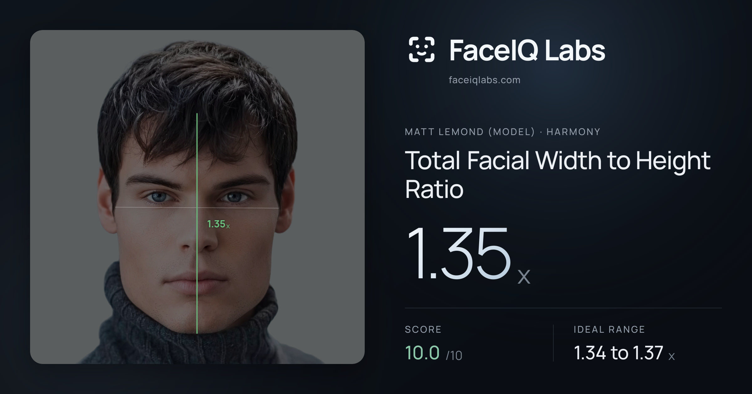 Matt Lemond (Model) Total Facial Width to Height Ratio: 1.35x, drawn on the photo